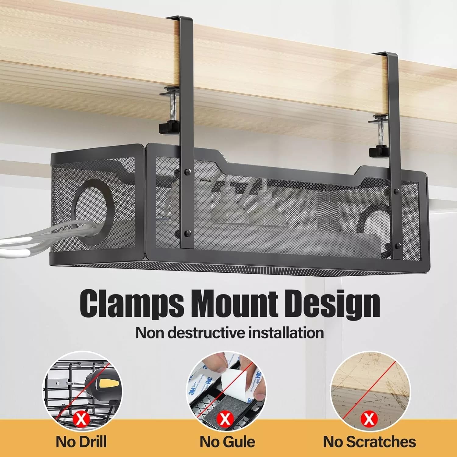 Under Desk Clamp-On Cable Management Tray