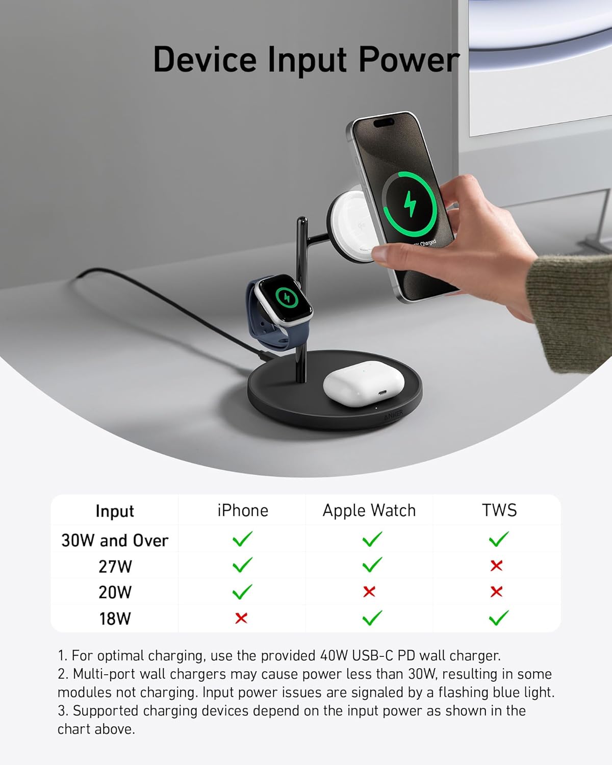 Anker 3 - in - 1 Wireless Charging Station, MagSafe Charger Compatible, Qi2 Certified 15W Wireless Stand - AHW Store
