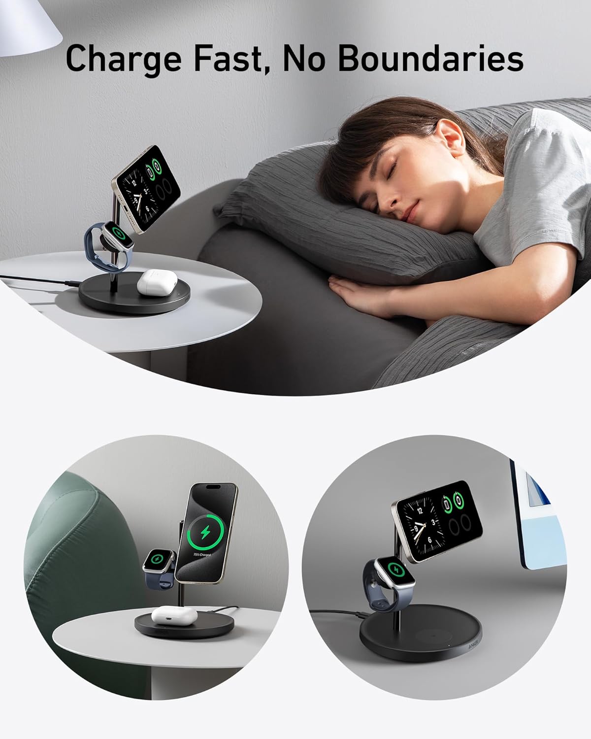 Anker 3 - in - 1 Wireless Charging Station, MagSafe Charger Compatible, Qi2 Certified 15W Wireless Stand - AHW Store