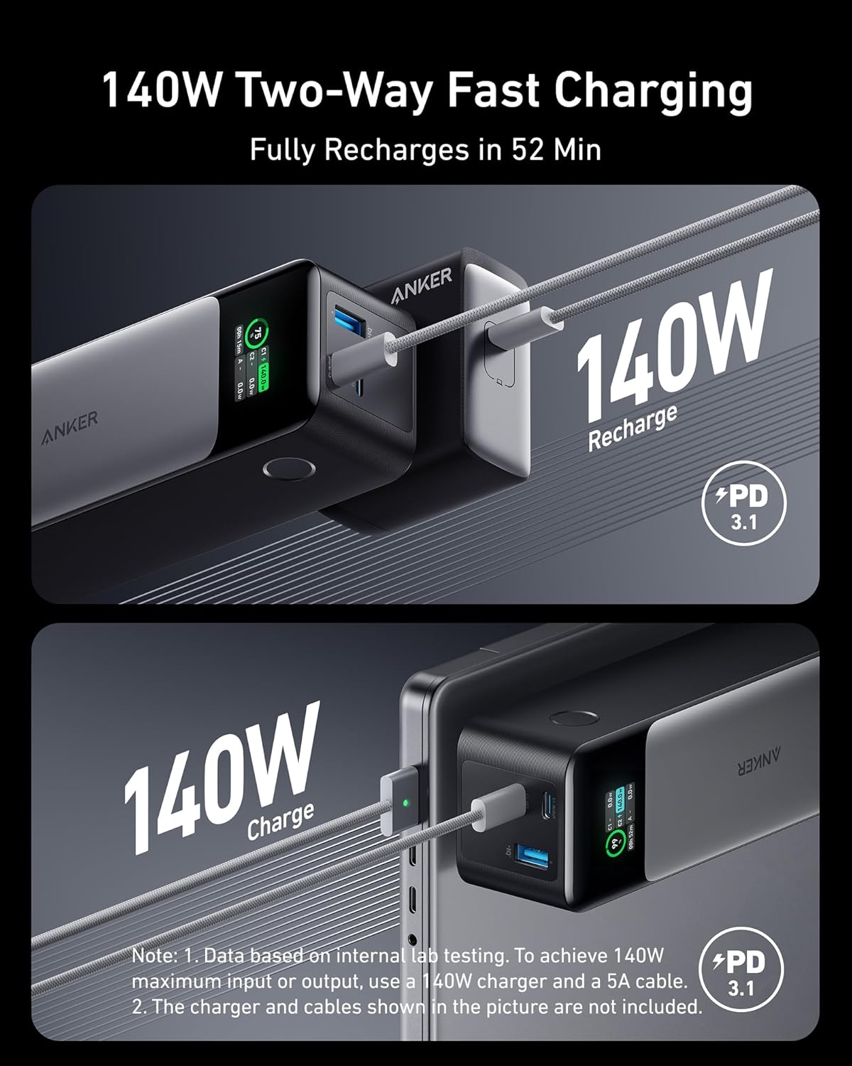 Anker 737 Power Bank (PowerCore 24K), 24,000mAh 3 - Port Portable Charger with 140W Output, Smart Digi - AHW Store