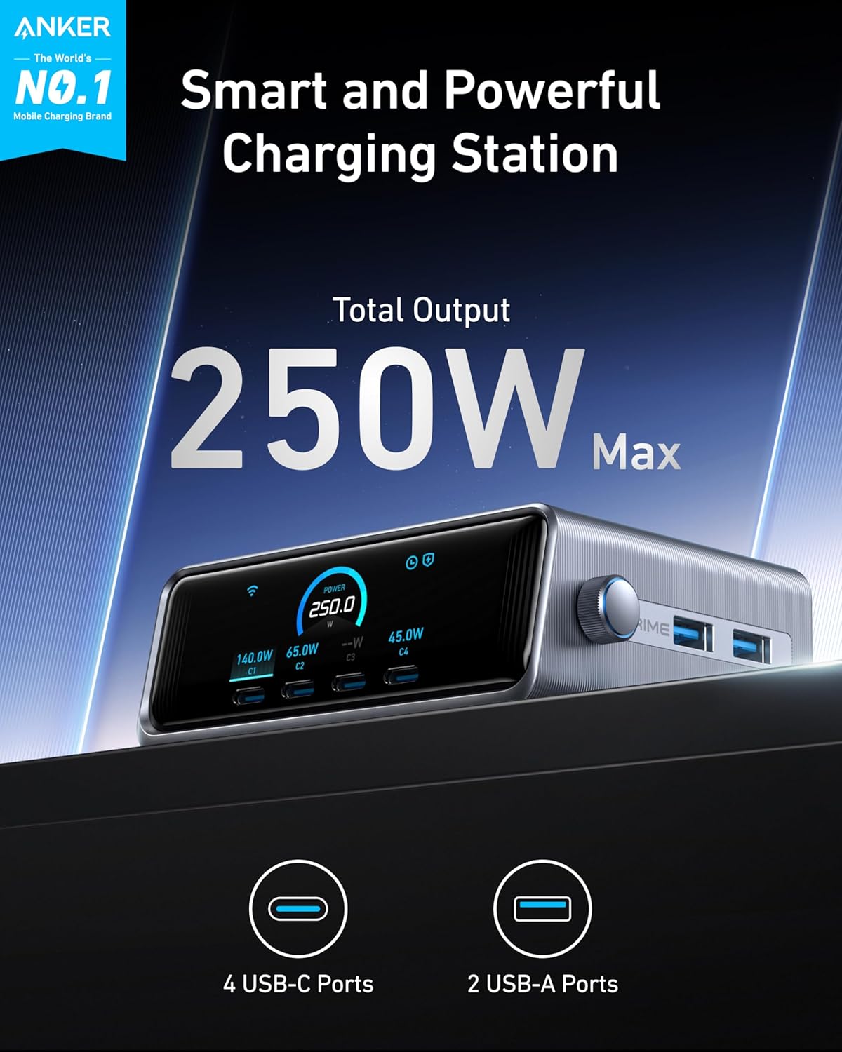 Anker Prime 250W USB C Charger, Ultra - Fast 6 - Port GaN Charging Station, 2.26 LCD Display and Smart C - AHW Store