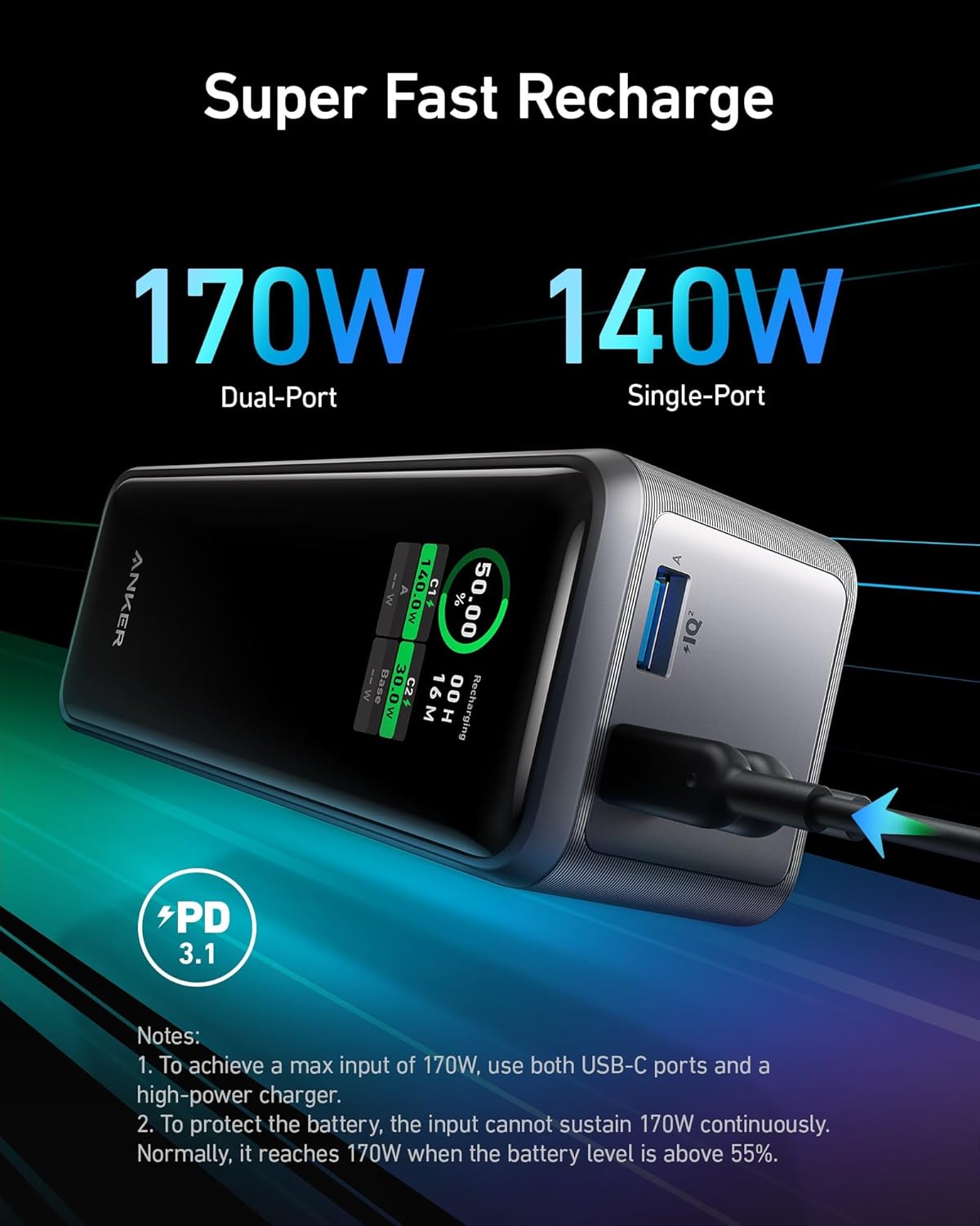 Anker Prime Power Bank, 27,650mAh 3 - Port 250W Portable Charger (99.54Wh) Smart App, Compatible with - AHW Store