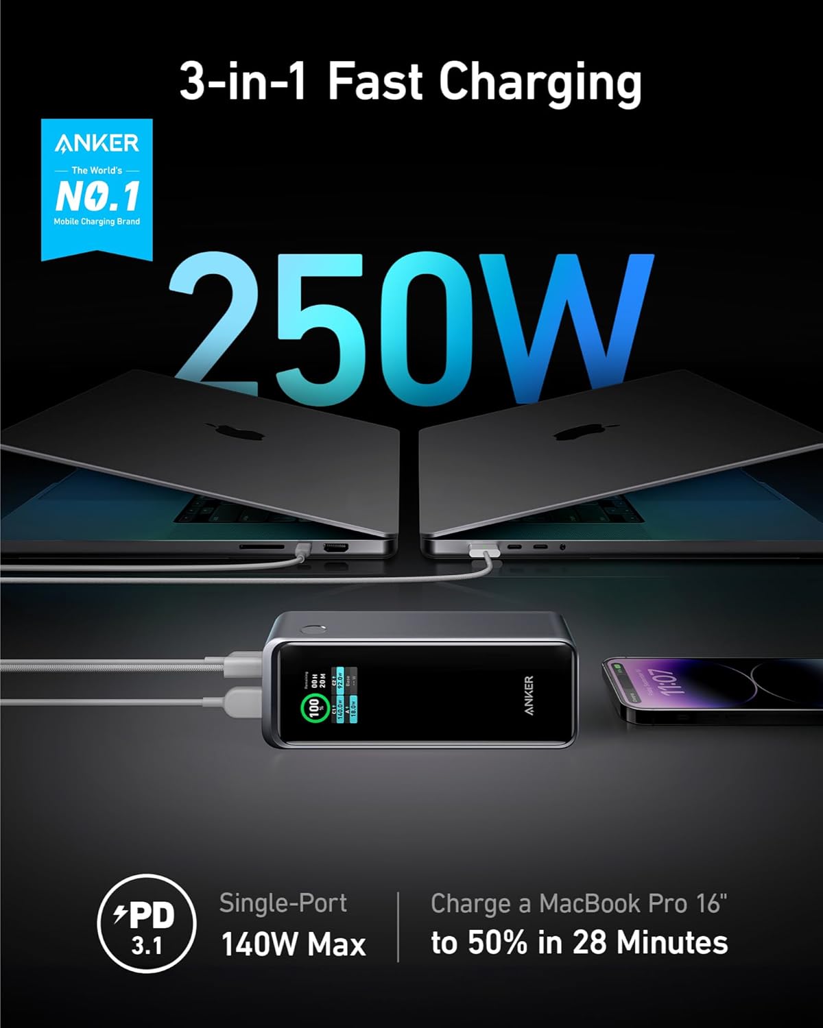 Anker Prime Power Bank, 27,650mAh 3 - Port 250W Portable Charger (99.54Wh) Smart App, Compatible with - AHW Store