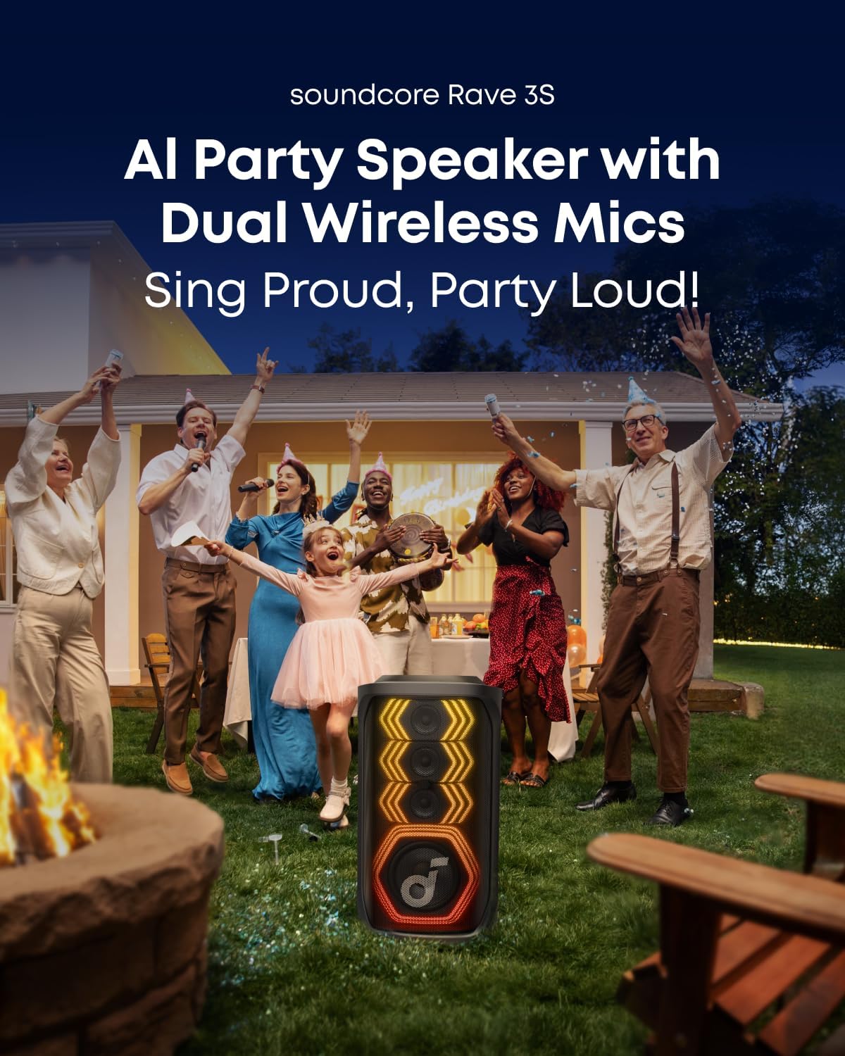 Anker SoundCore Rave 3S AI Party Speaker with 2 Wireless Microphones, 200W Sound, AI Vocal Removal, Reverb - AHW Store