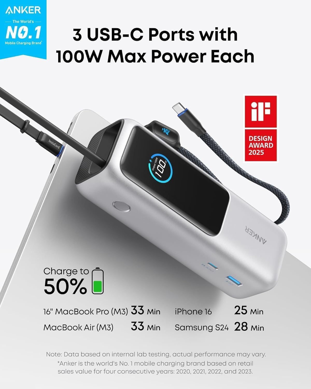 Anker Zolo Power Bank (25K, 165W, Built - In USB - C and Retractable Cable) High - Speed Portable Charger, - AHW Store