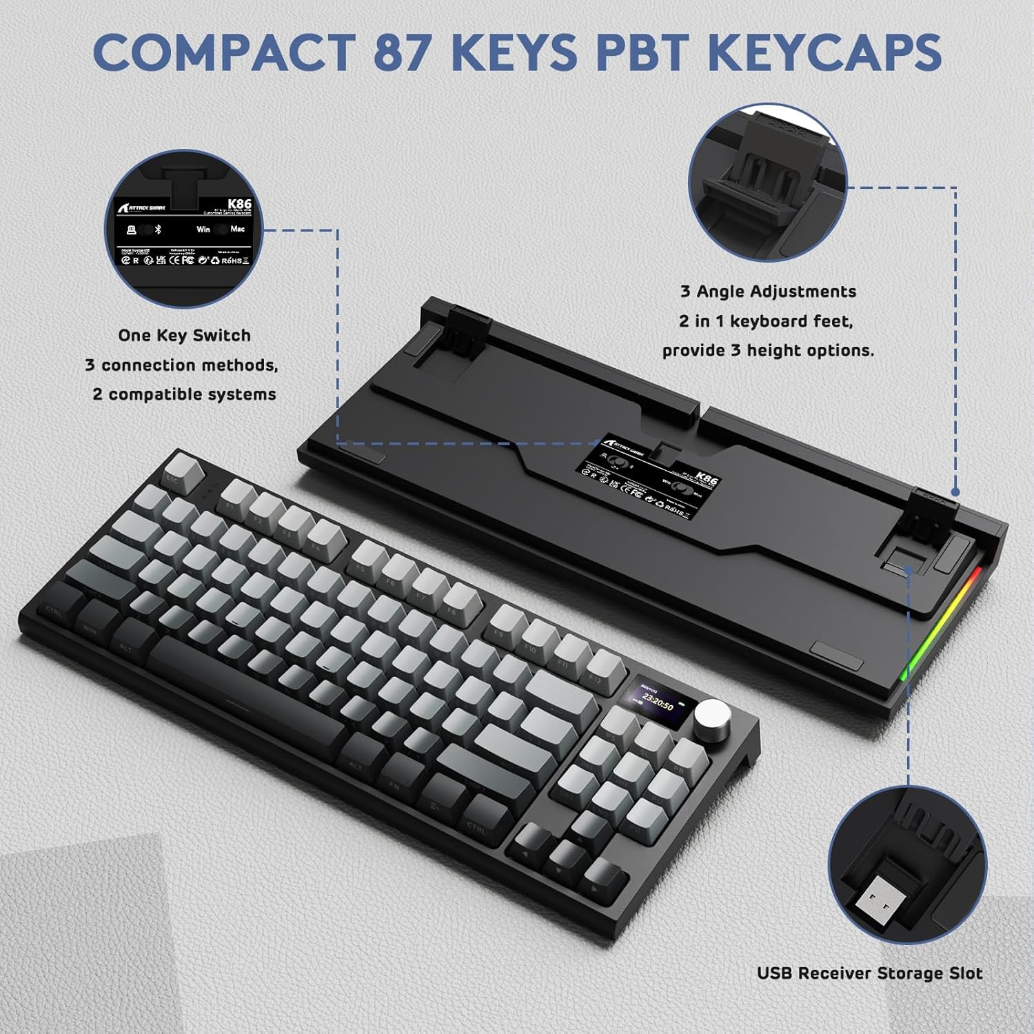 ATTACK SHARK K86 Wireless Mechanical Keyboard, 2.4G/BT5.0/USB - C Wired Gaming Keyboard, 75% TKL Layou - AHW Store