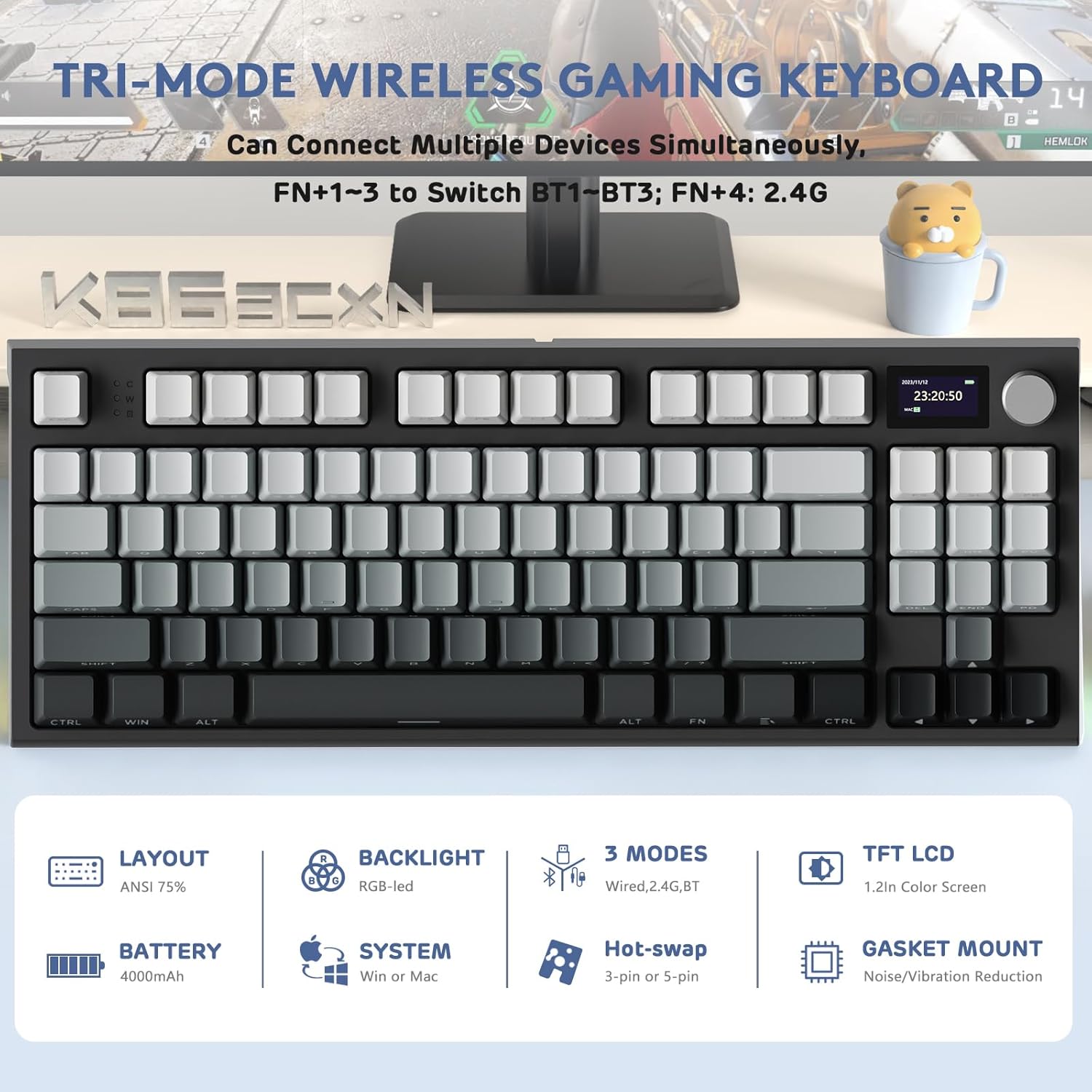 ATTACK SHARK K86 Wireless Mechanical Keyboard, 2.4G/BT5.0/USB - C Wired Gaming Keyboard, 75% TKL Layou - AHW Store