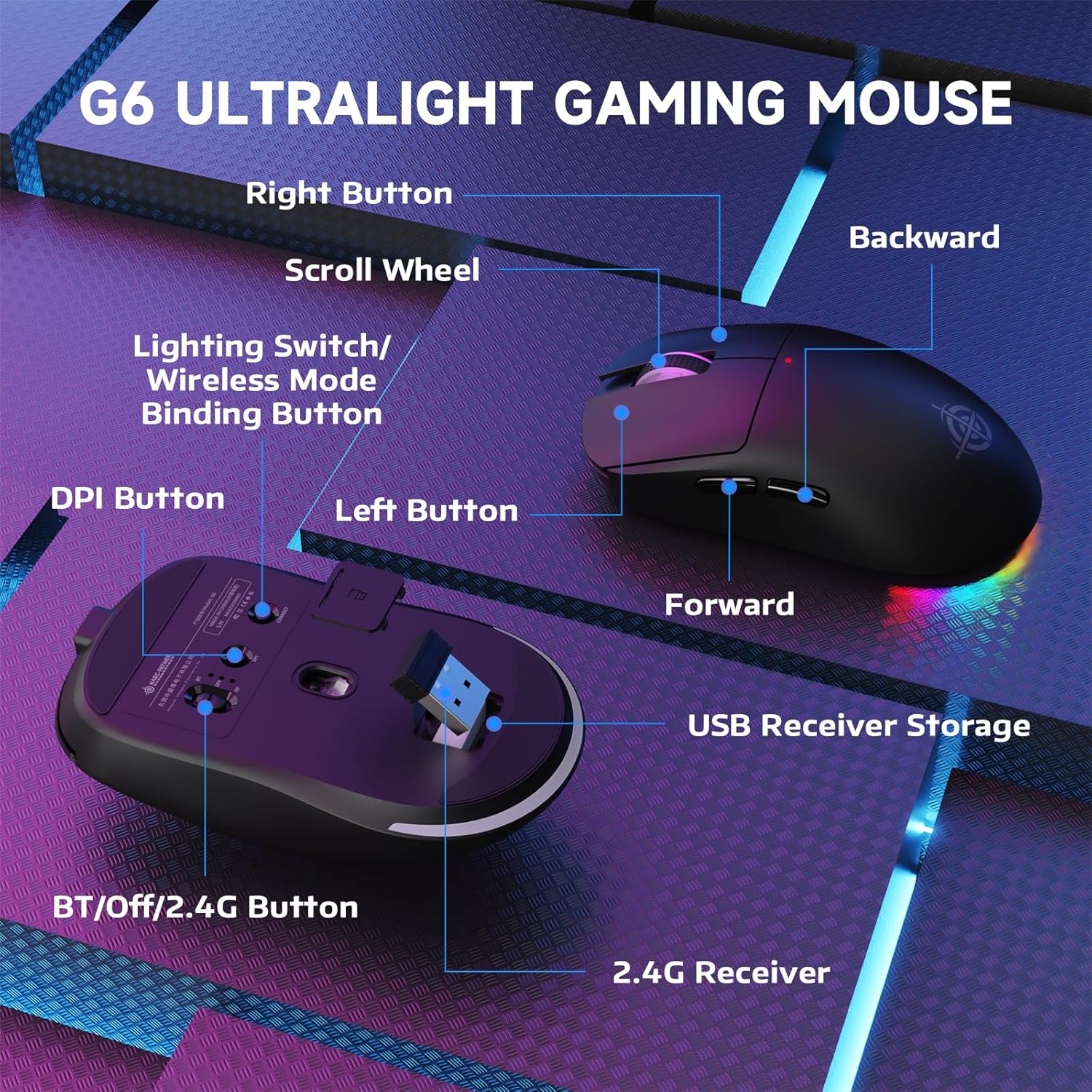 ATTACK SHARK X MAGIC - REFINER G6 Wireless Gaming Mouse 24000 DPI 1000Hz Polling Rate Tri - Mode BT 2.4G Wired 72g Lightweight RGB 750mAh Battery with Grip Tape PC Mac - Black - AHW Store