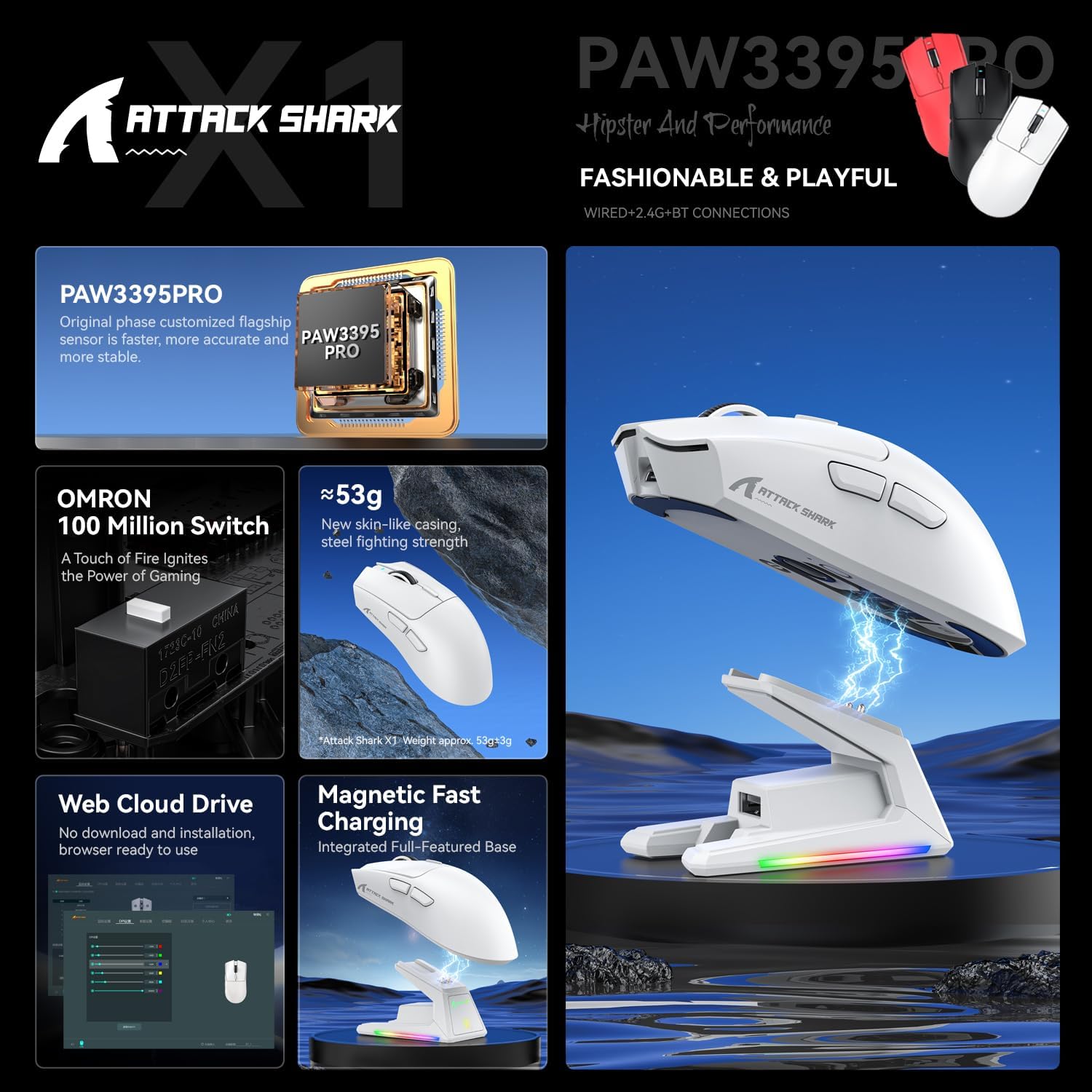ATTACK SHARK X1 Gaming Mouse with Touchpad RGB Charging Dock, PixArt PAW3395PRO Gaming Sensor, BT/2. - AHW Store