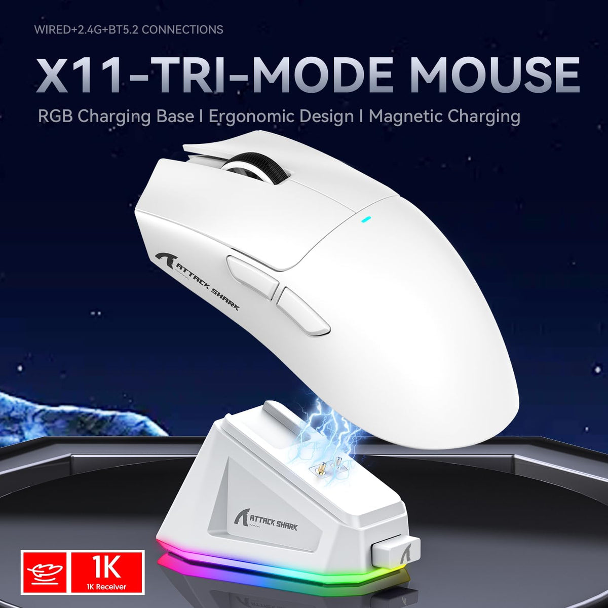 Attack Shark X11 Gaming Mouse 22000 DPI BT/2.4G Wireless/Wired Magnetic Charging Dock – White - AHW Store