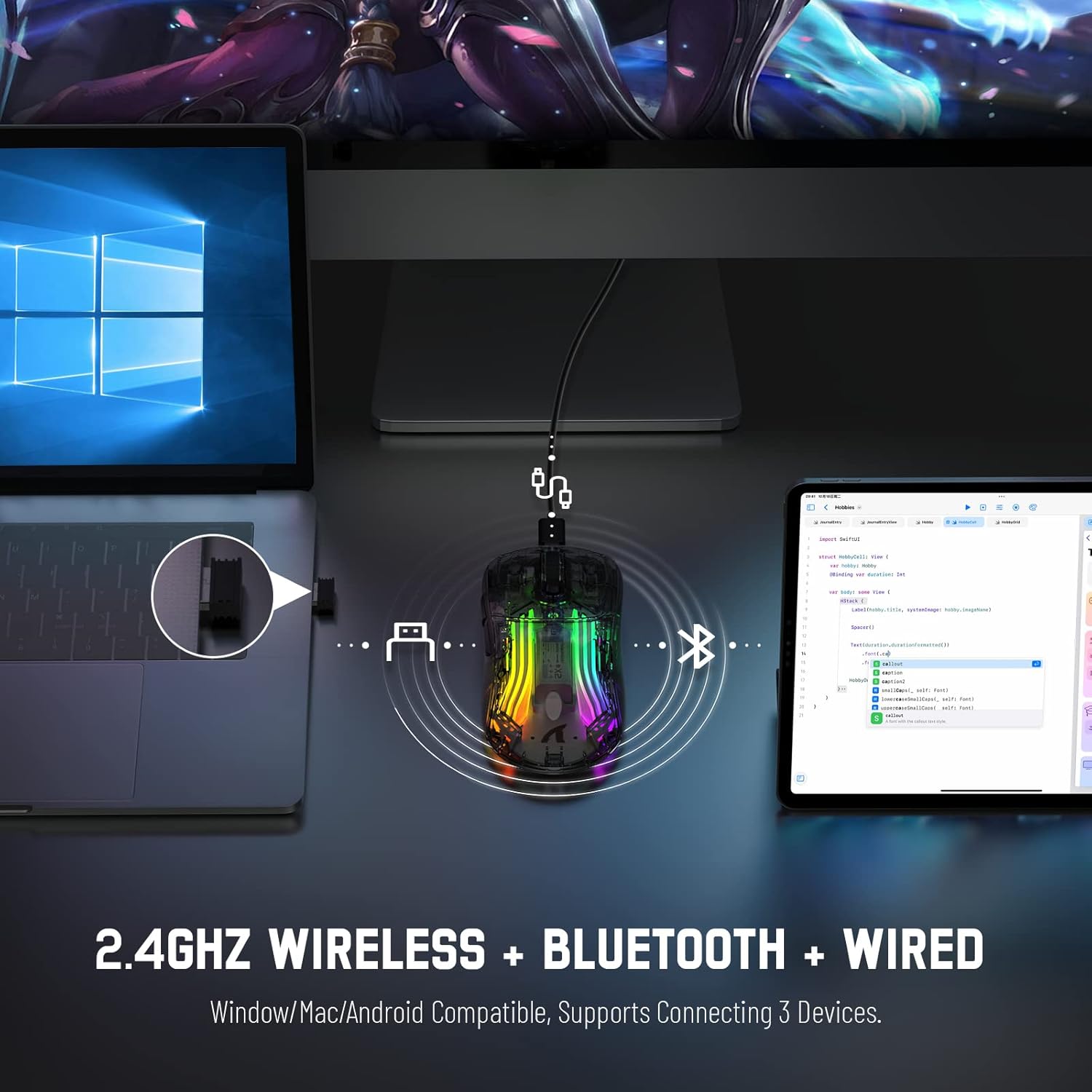 ATTACK SHARK X2 Wireless Gaming Mouse Transparent Shell Design 2400 DPI Tri - Mode Wireless BT 5.0 2.4G Wired RGB Rechargeable Ergonomic Mice for PC Mac Tablet - Black - AHW Store