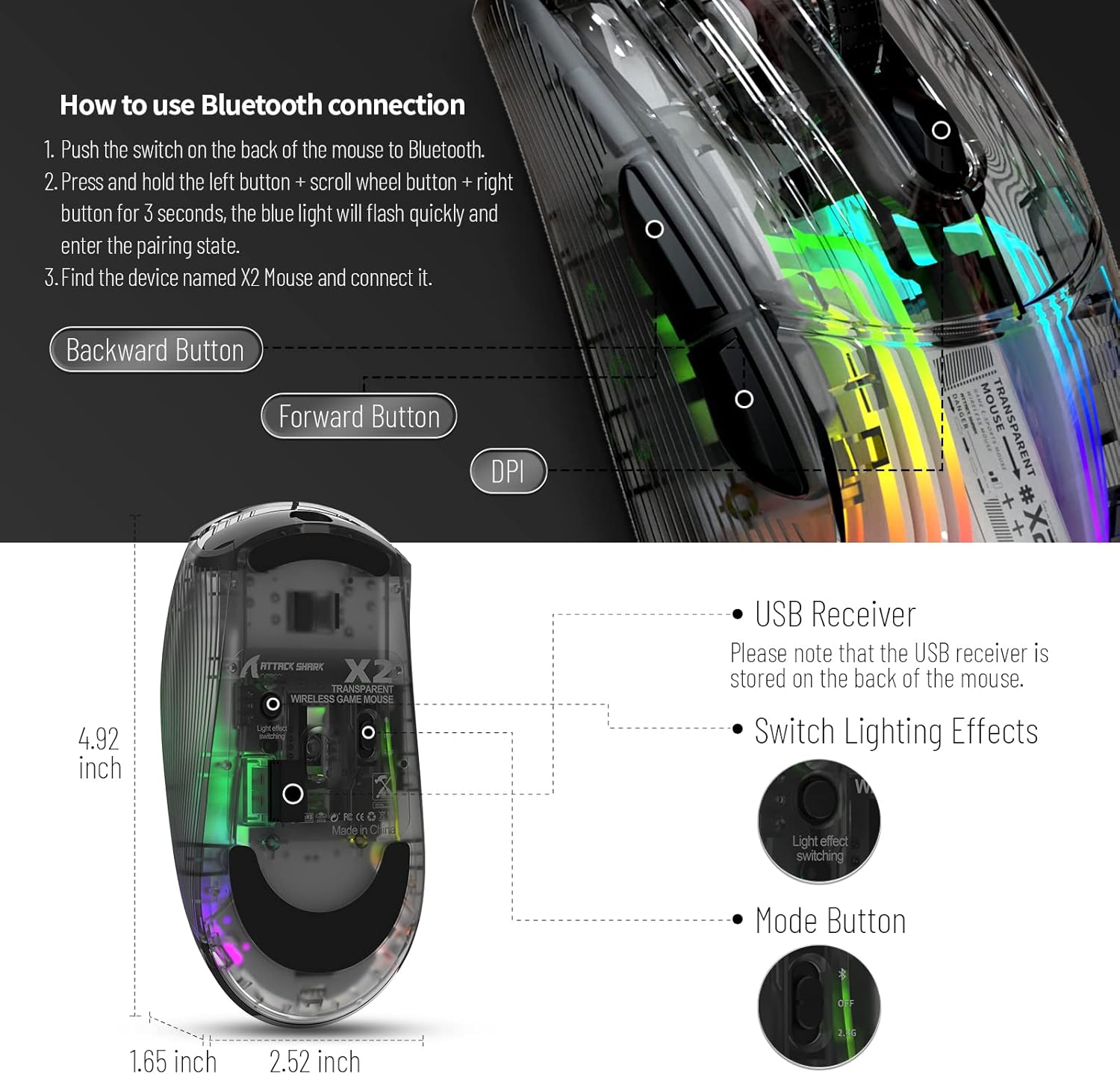ATTACK SHARK X2 Wireless Gaming Mouse Transparent Shell Design 2400 DPI Tri - Mode Wireless BT 5.0 2.4G Wired RGB Rechargeable Ergonomic Mice for PC Mac Tablet - Black - AHW Store