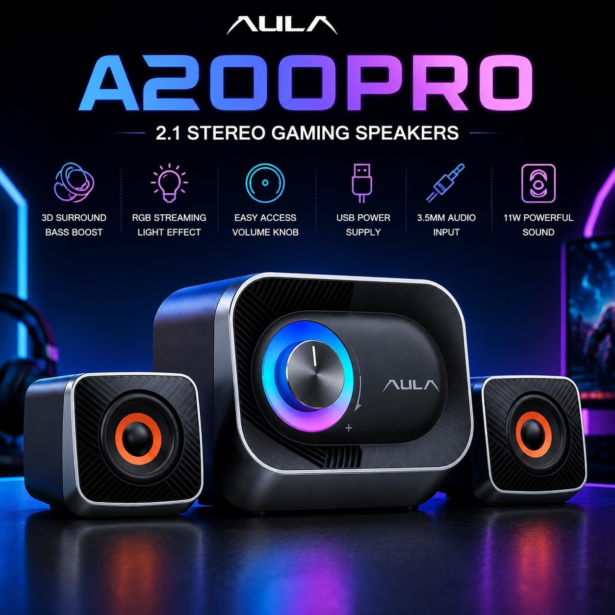 AULA A200 Pro 2.1 Stereo Gaming Speakers - AHW Store