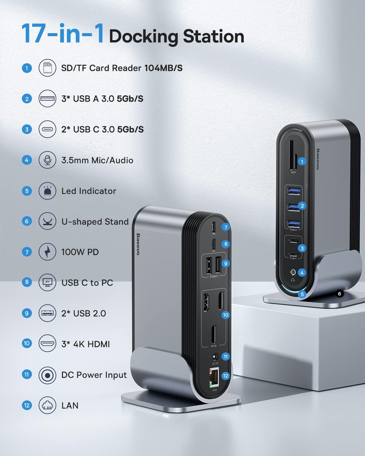 Baseus 17 - in - 1 Triple Display USB C Docking Station with Stand plus 3 4K HDMI Ports and Gigabit Ethernet also 100W PD with 5 USB Ports and SD TF Card Reader 3.5mm Audio for Windows Mac - AHW Store