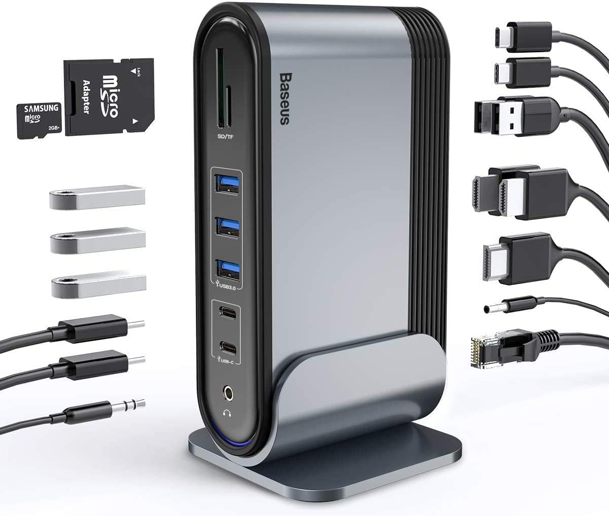 Baseus 17 - in - 1 Triple Display USB C Docking Station with Stand plus 3 4K HDMI Ports and Gigabit Ethernet also 100W PD with 5 USB Ports and SD TF Card Reader 3.5mm Audio for Windows Mac - AHW Store