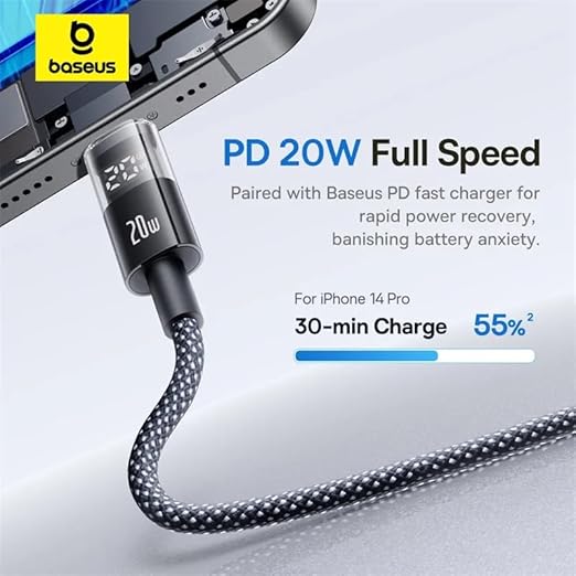 Baseus 20W PD Type - C to Lightning Cable with LED Power Display (1Meter) – Nylon Braided Fast Chargin - AHW Store