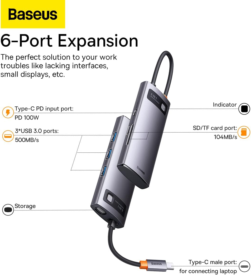 Baseus 6-in-1 Type-C Hub Docking Station - AHW Store