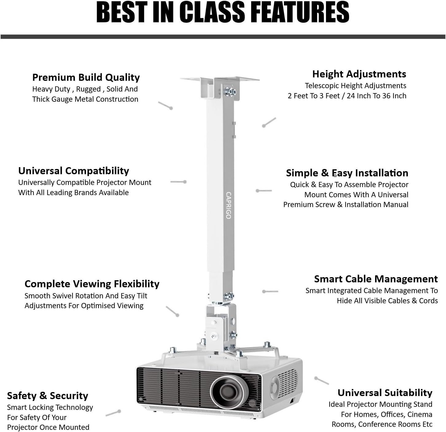 Caprigo Heavy Duty 2 Feet To 3 Feet Adjustable Projector Ceiling Mount Stand, Universal Projector Wa - AHW Store