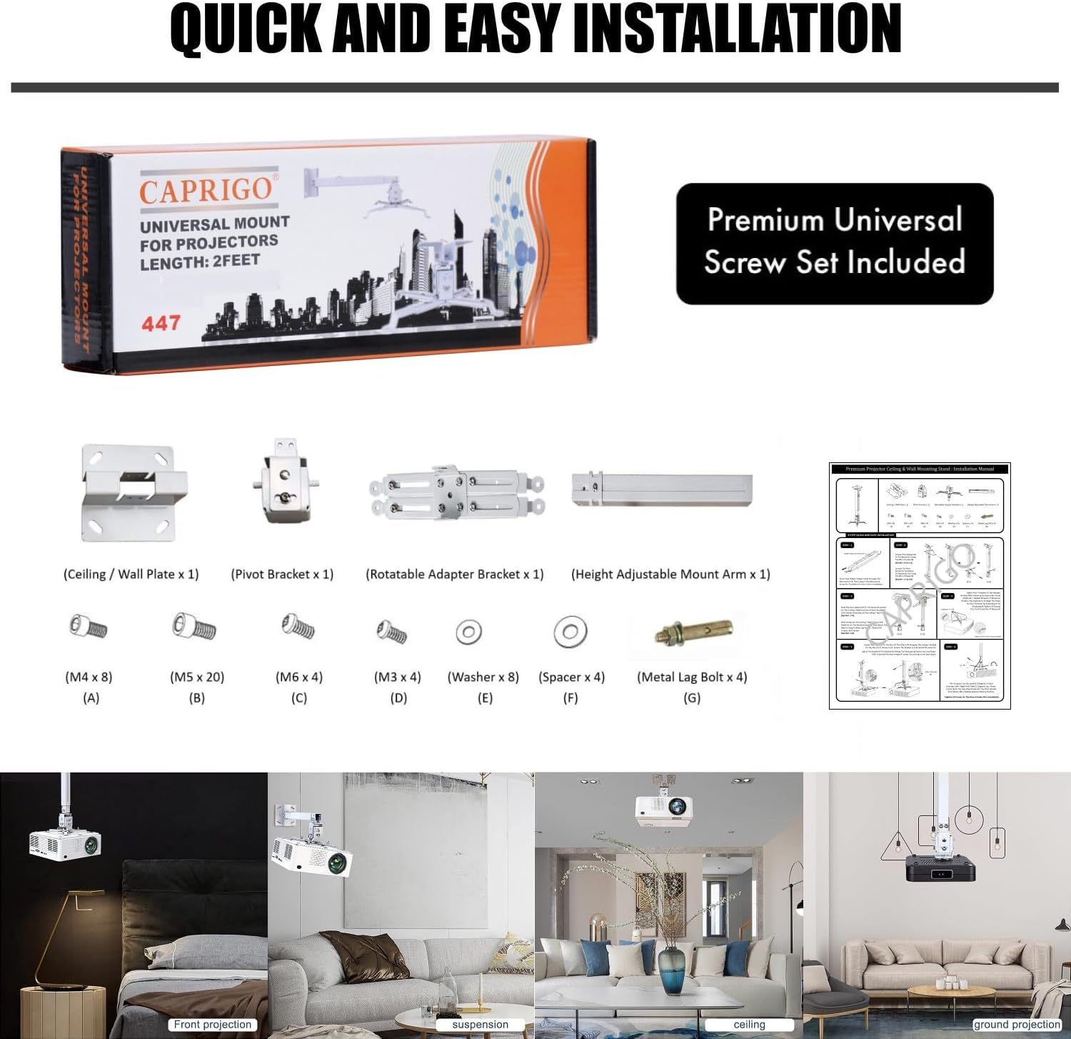 Caprigo Heavy Duty 2 Feet To 3 Feet Adjustable Projector Ceiling Mount Stand, Universal Projector Wa - AHW Store