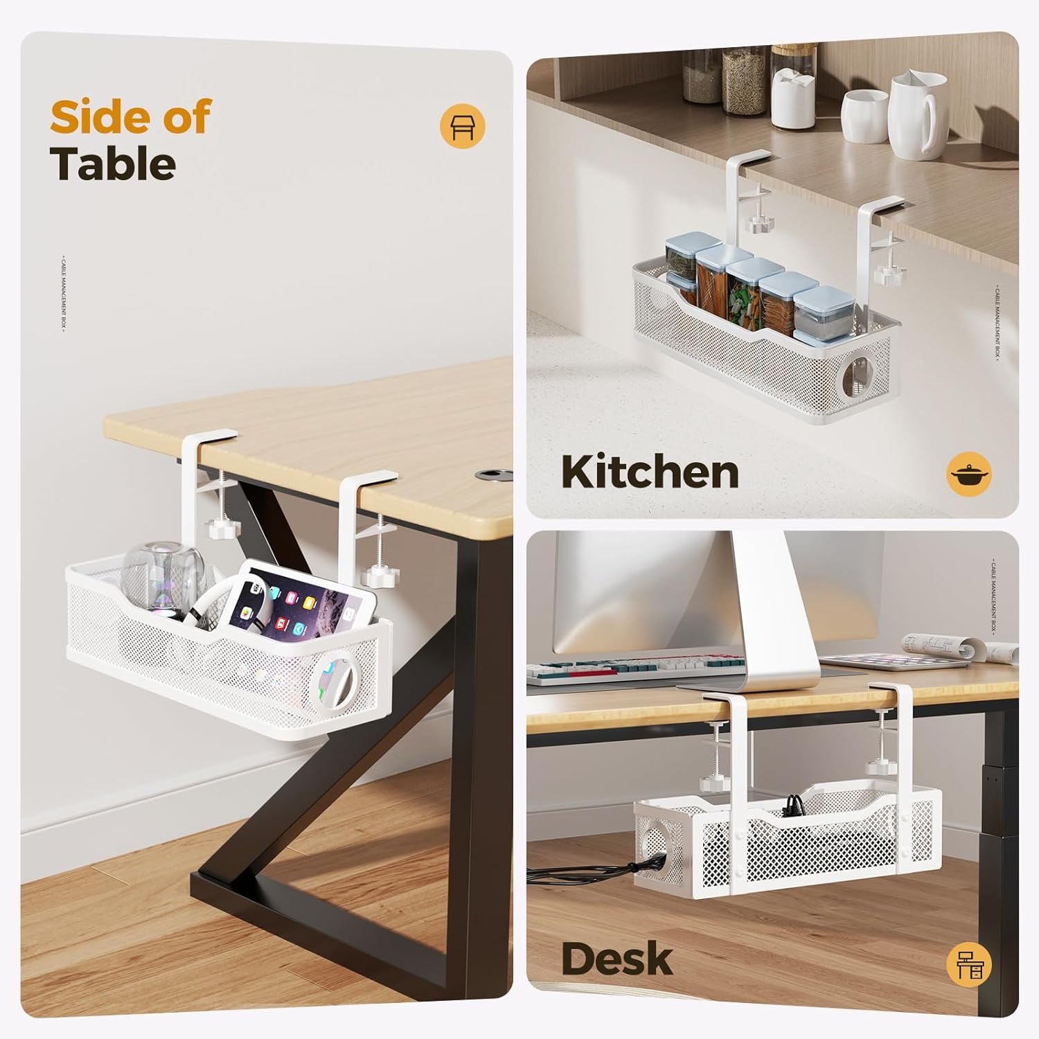 Cinati Under Desk Cable Management Tray White, No Drill, Clamp, Silver, 13.4 inches - AHW Store