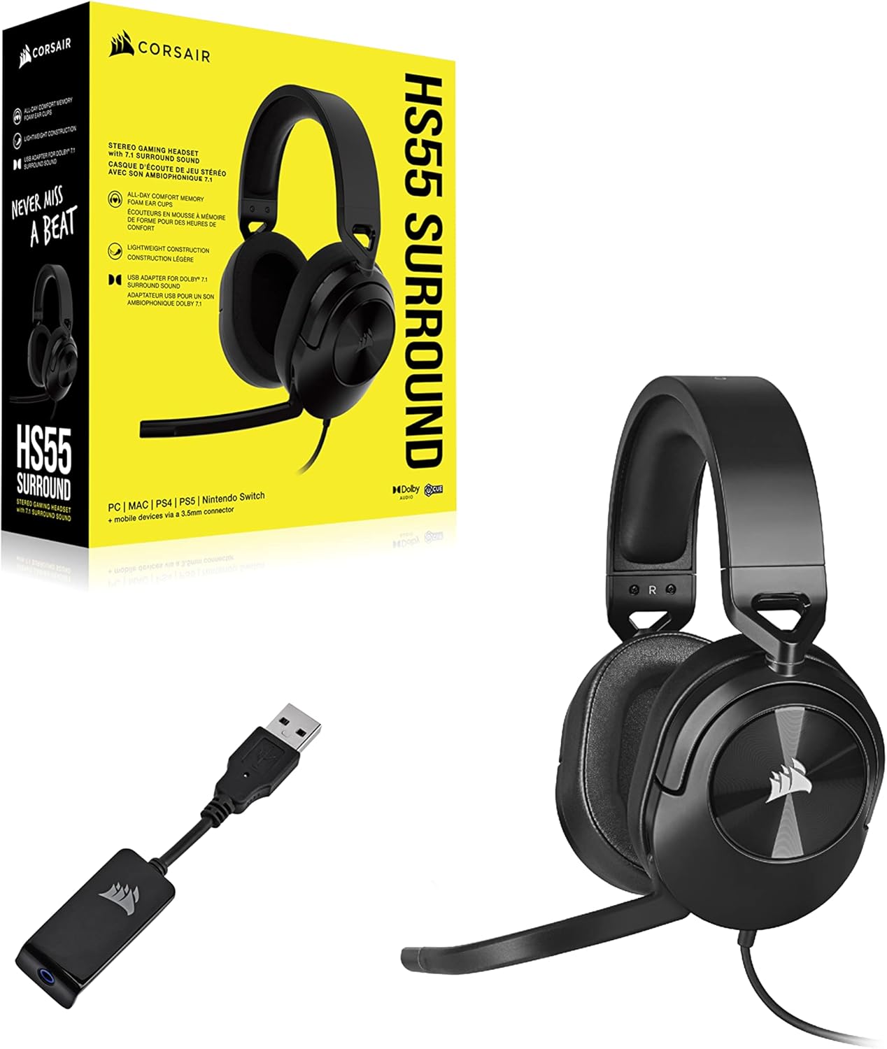 Corsair HS55 Surround Gaming Headset (Leatherette Memory Foam Ear Pads, Dolby Audio 7.1 Surround Sou - AHW Store