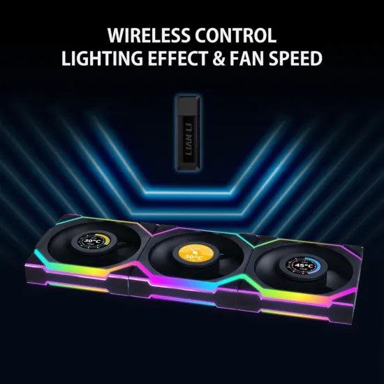 Lian Li UNI Fan SL Wireless LCD 120 Reverse Blade ARGB 3 Fans Black With 2.4 GHz Wireless Controller