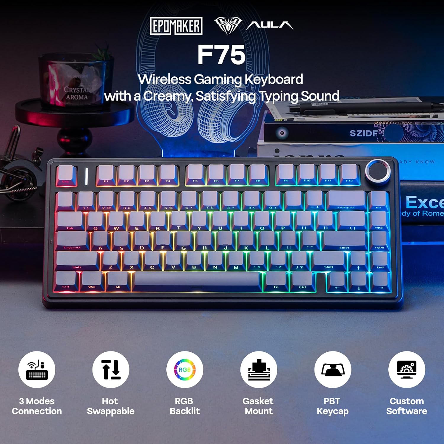 EPOMAKER AULA F75 Wireless Mechanical Gaming Keyboard, 75% Layout with Knob, Creamy Gasekt - Mount wit - AHW Store