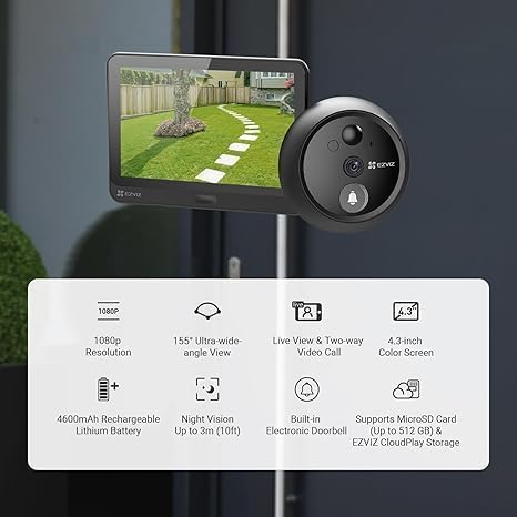 EZVIZ HP4 Video Wireless Doorbell Peephole Viewer 155° 1080p 4.3 Color Screen Night Vision Up to 3m - AHW Store