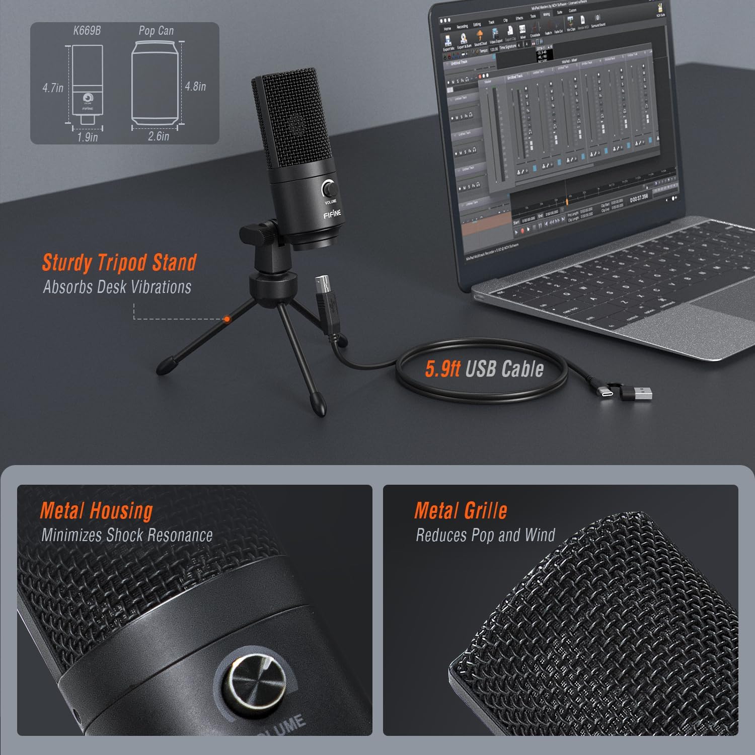 FIFINE USB Microphone, Metal Condenser Recording Microphone for Laptop MAC or Windows Cardioid Studi - AHW Store