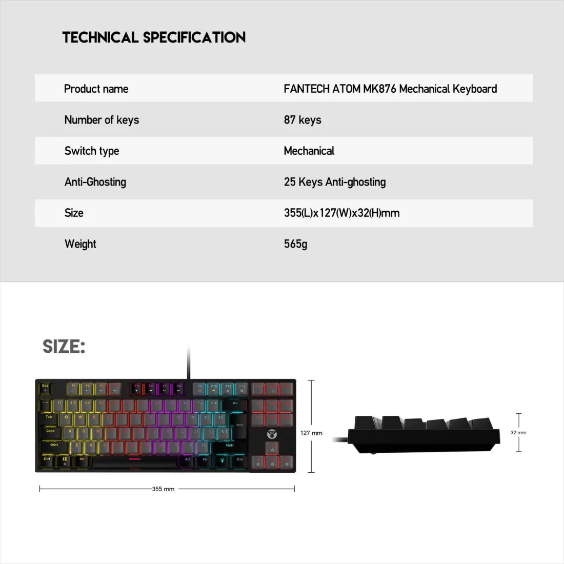 Fantech ATOM TKL MK876 Fixed RGB Wired Gaming Keyboard Mechanical Blue Switch English Gray