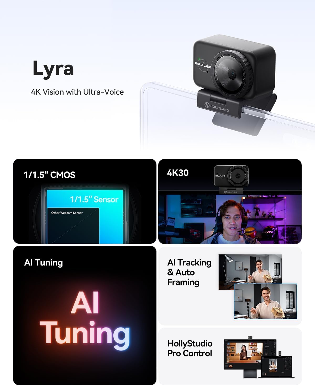 Hollyland Lyra Webcam: UHD 4K Webcam for PC & Mac, 1/1.5 Inch Sensor, Autoframing, PDAF, HDR - Ideal for Live Streaming, Video Calls & Gaming - Compatible with Zoom, Teams, Twitch and Much More - AHW Store