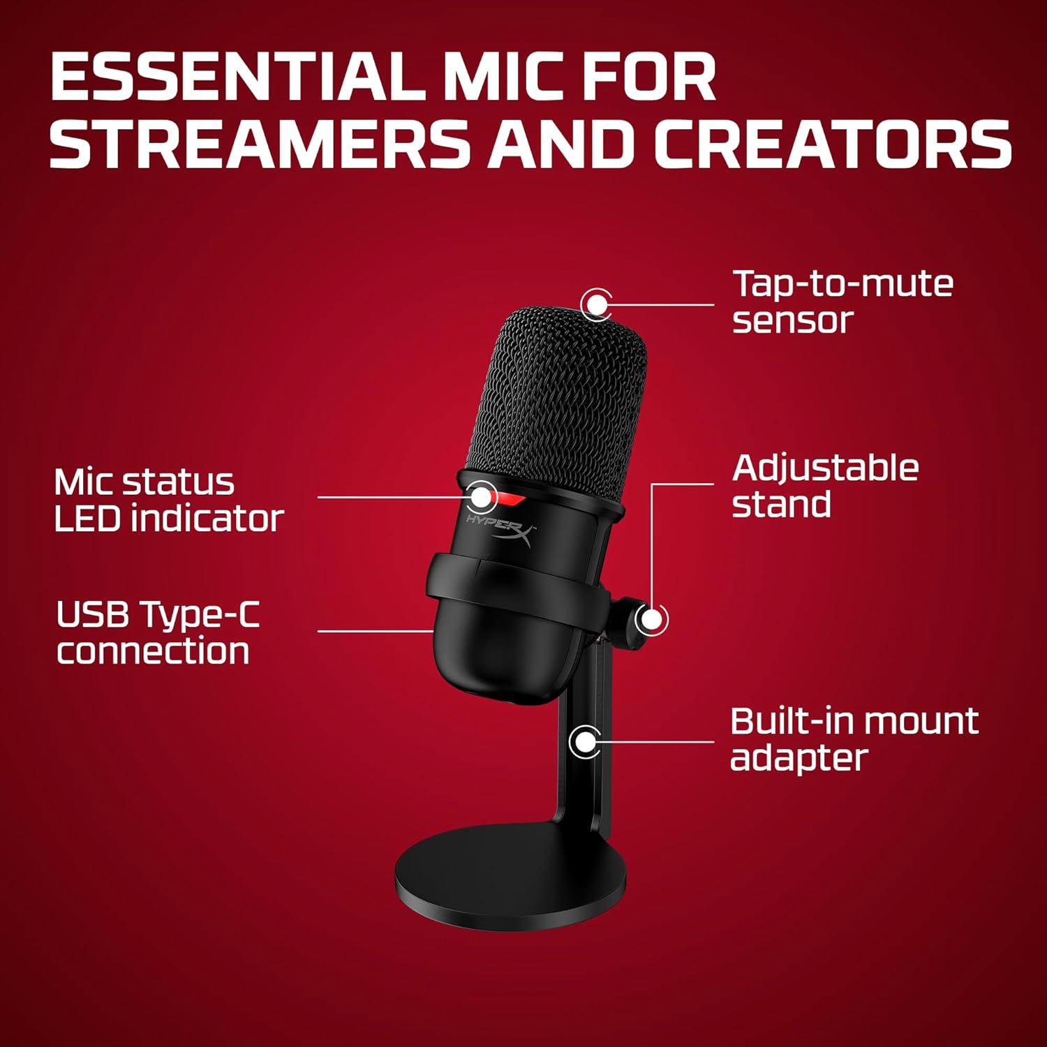 HYPERX SOLOCAST – USB CONDENSER GAMING MICROPHONE, FOR PC, PS4, AND MAC, TAP - TO - MUTE SENSOR, CARDIOI - AHW Store