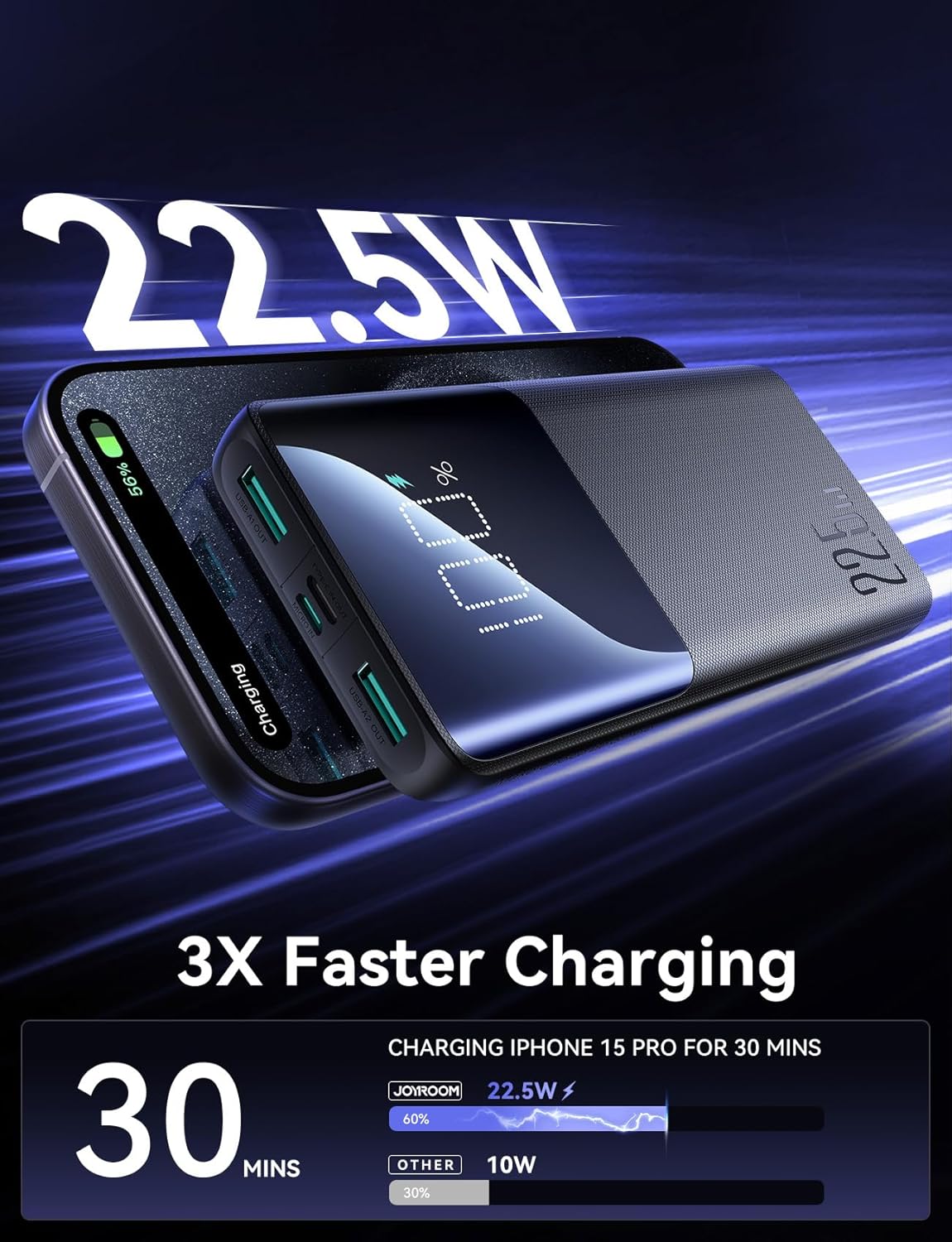 Joyroom JR - QP191 22.5W Power Bank 10000mAh With Large Digital Display Supports PD3.0,QC3.0 - Black 1 - AHW Store