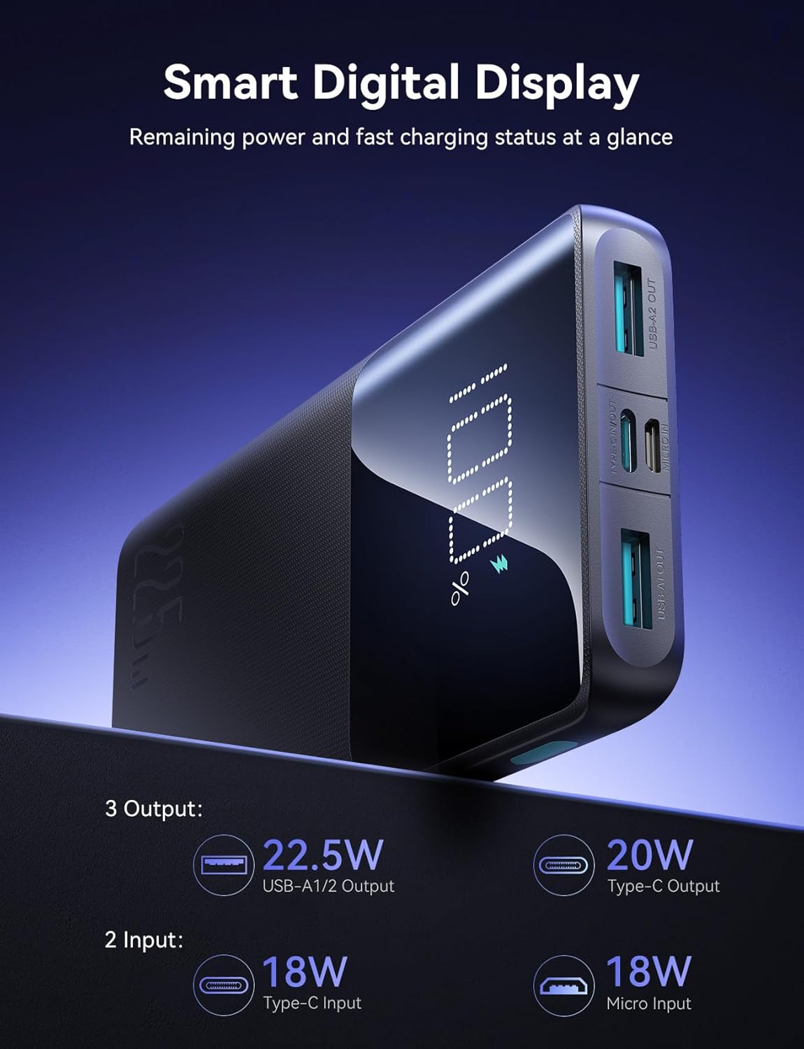 Joyroom JR - QP191 22.5W Power Bank 10000mAh With Large Digital Display Supports PD3.0,QC3.0 - Black 1 - AHW Store