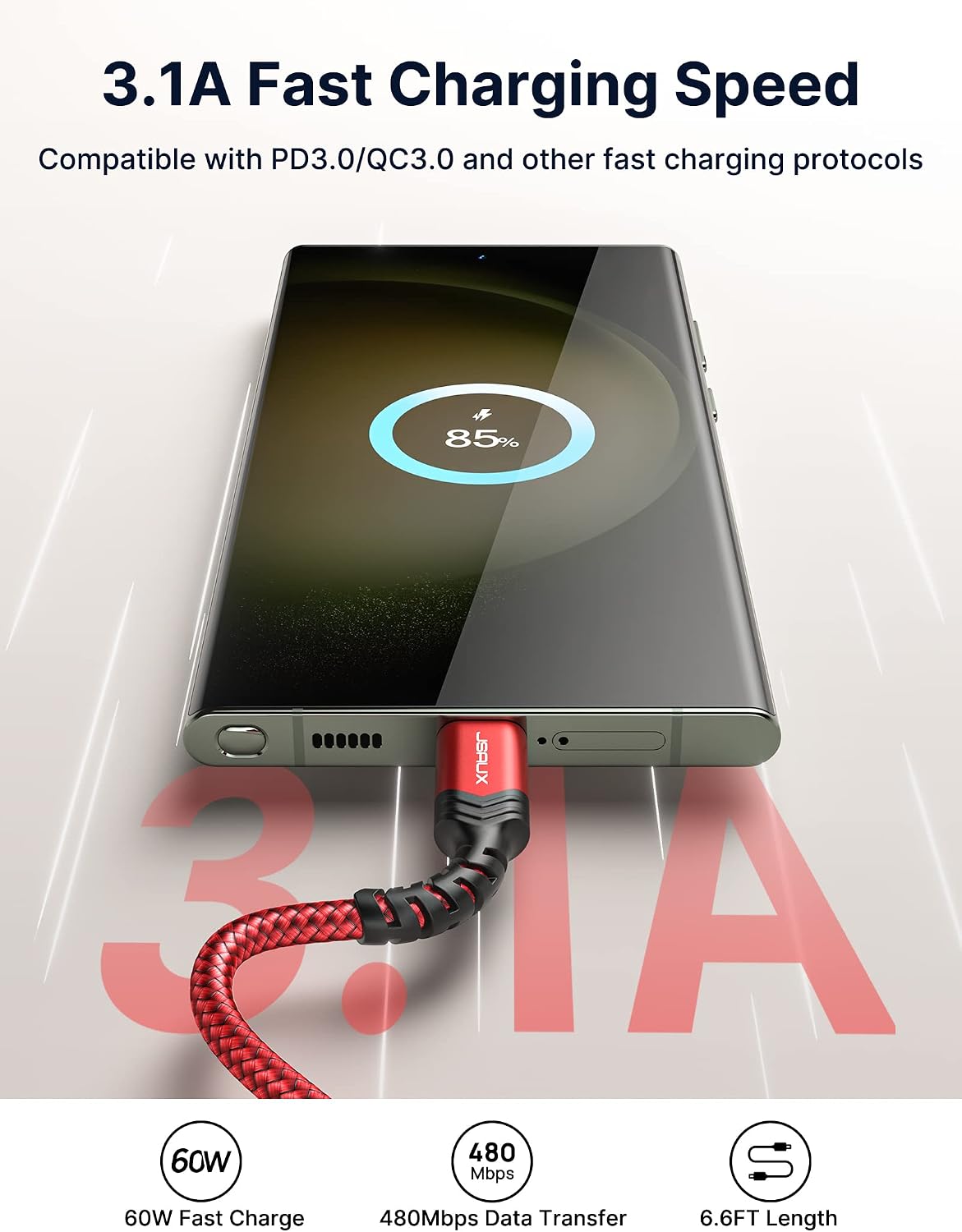JSAUX 6.6FT 60W USB-C Cable 2-in-1 Fast Charging - AHW Store