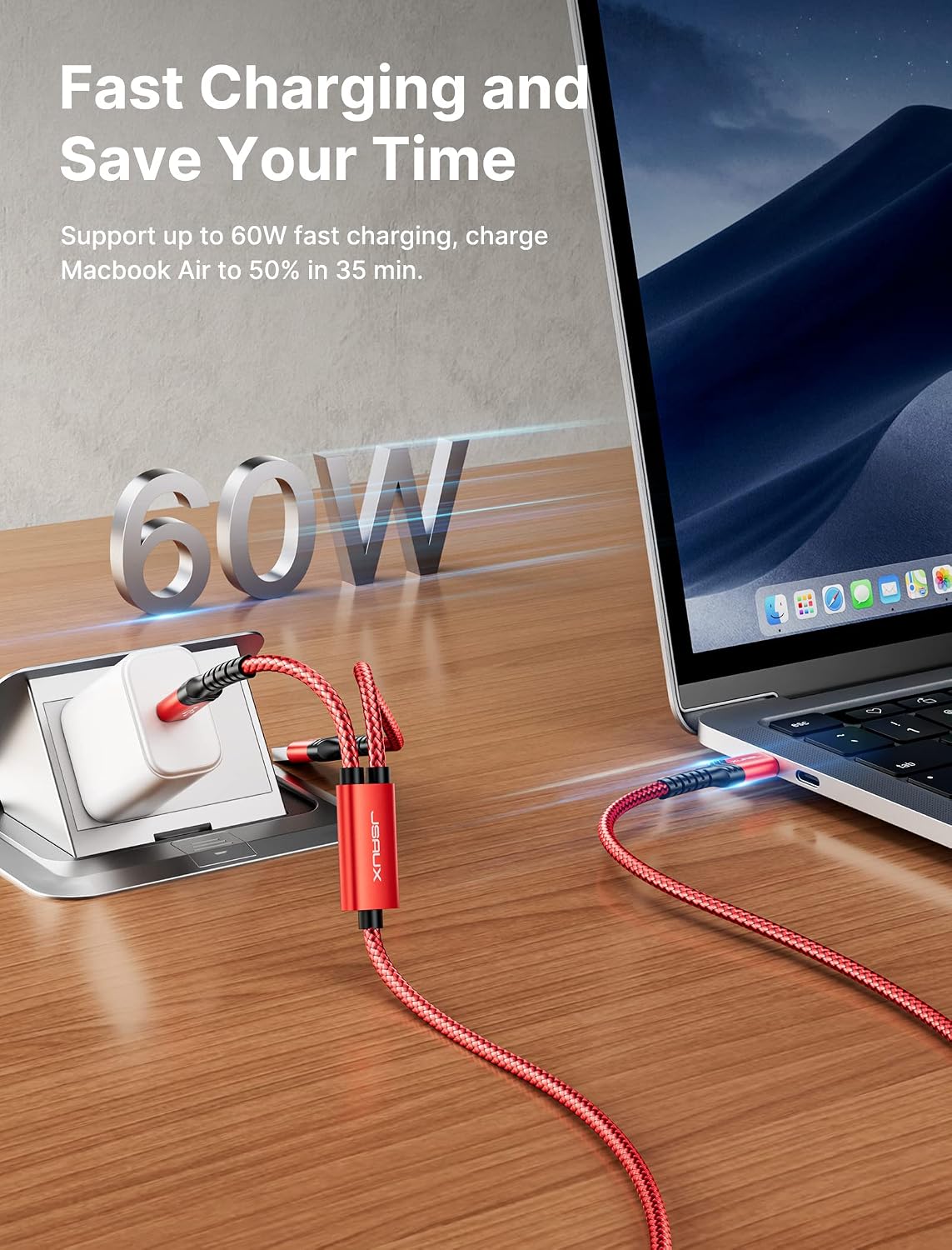 JSAUX 6.6FT 60W USB-C Cable 2-in-1 Fast Charging - AHW Store