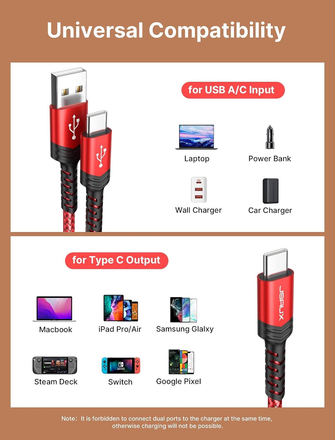 JSAUX 6.6FT 60W USB-C Cable 2-in-1 Fast Charging - AHW Store