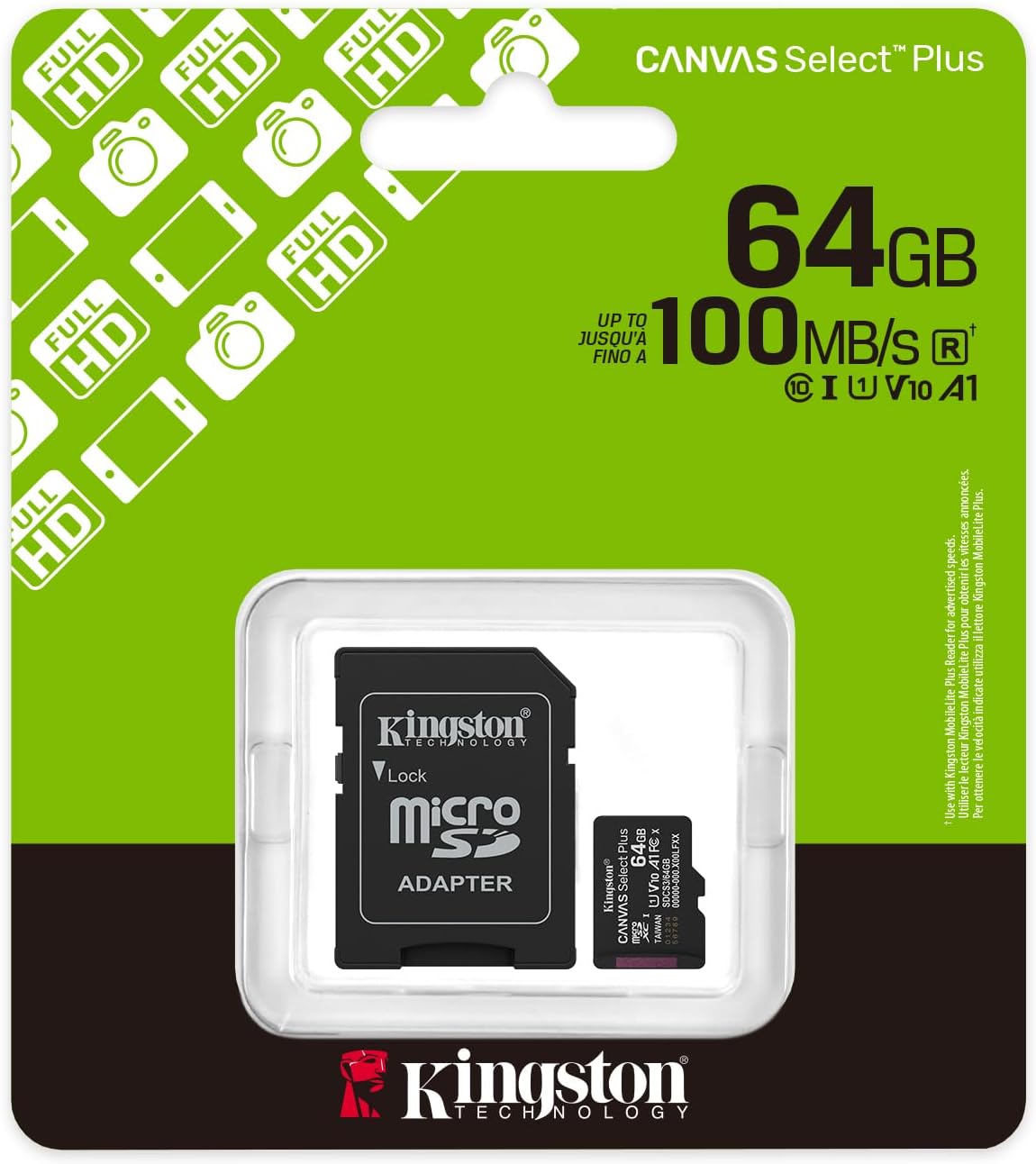 Kingston Canvas Select Plus microSD Memory Card 64GB microSDXC Gen3 100MB/s A1 Card + Adapter - SDCS - AHW Store