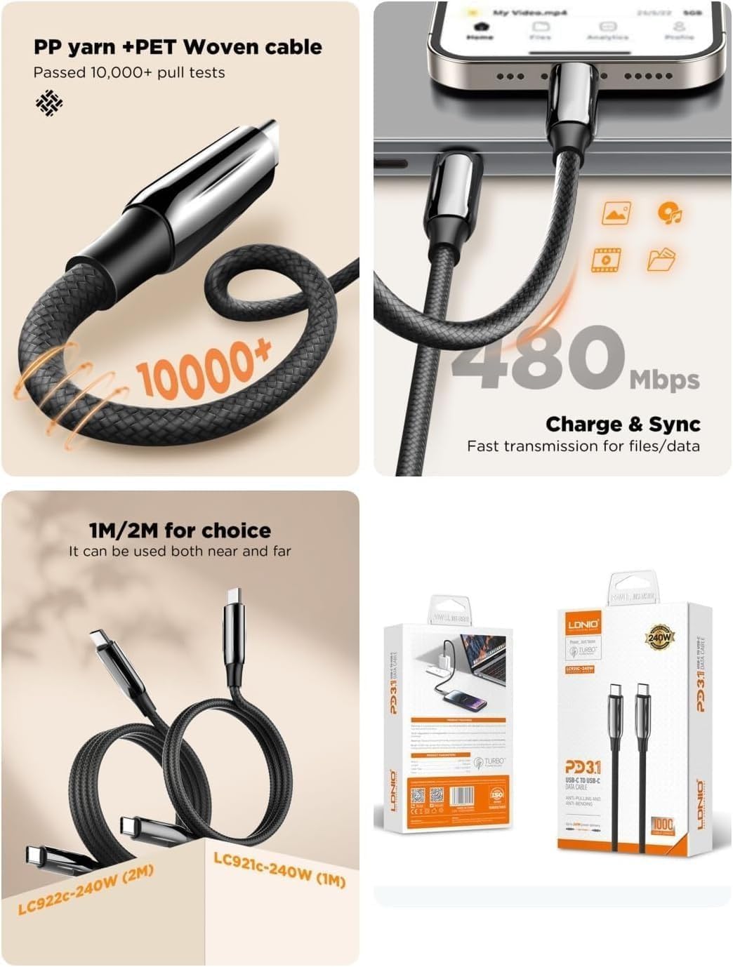 LDNIO 240W USB-C to USB-C Cable 1m - AHW Store