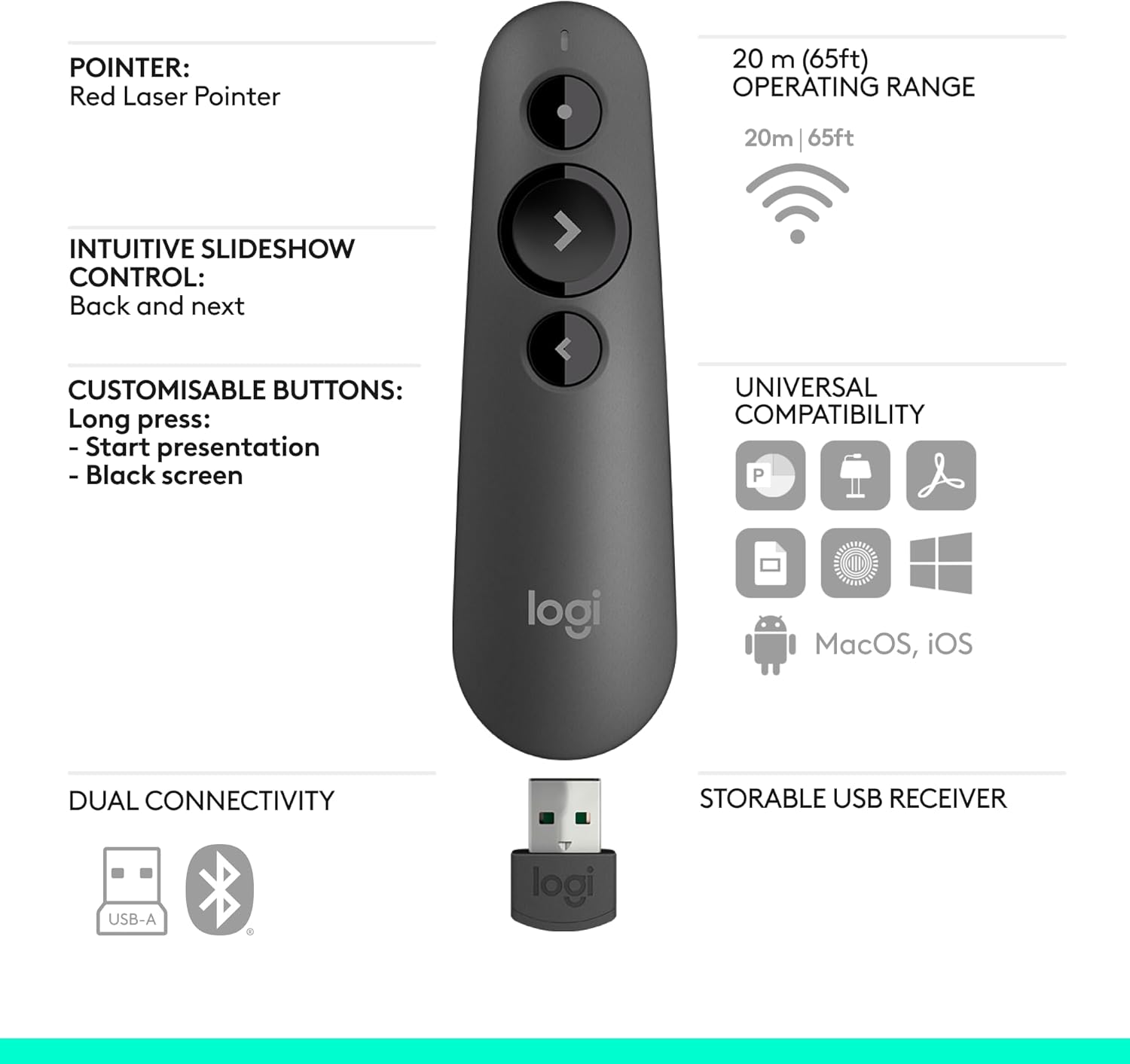 Logitech R500s Laser Presentation Remote Bluetooth & USB - Black - AHW Store