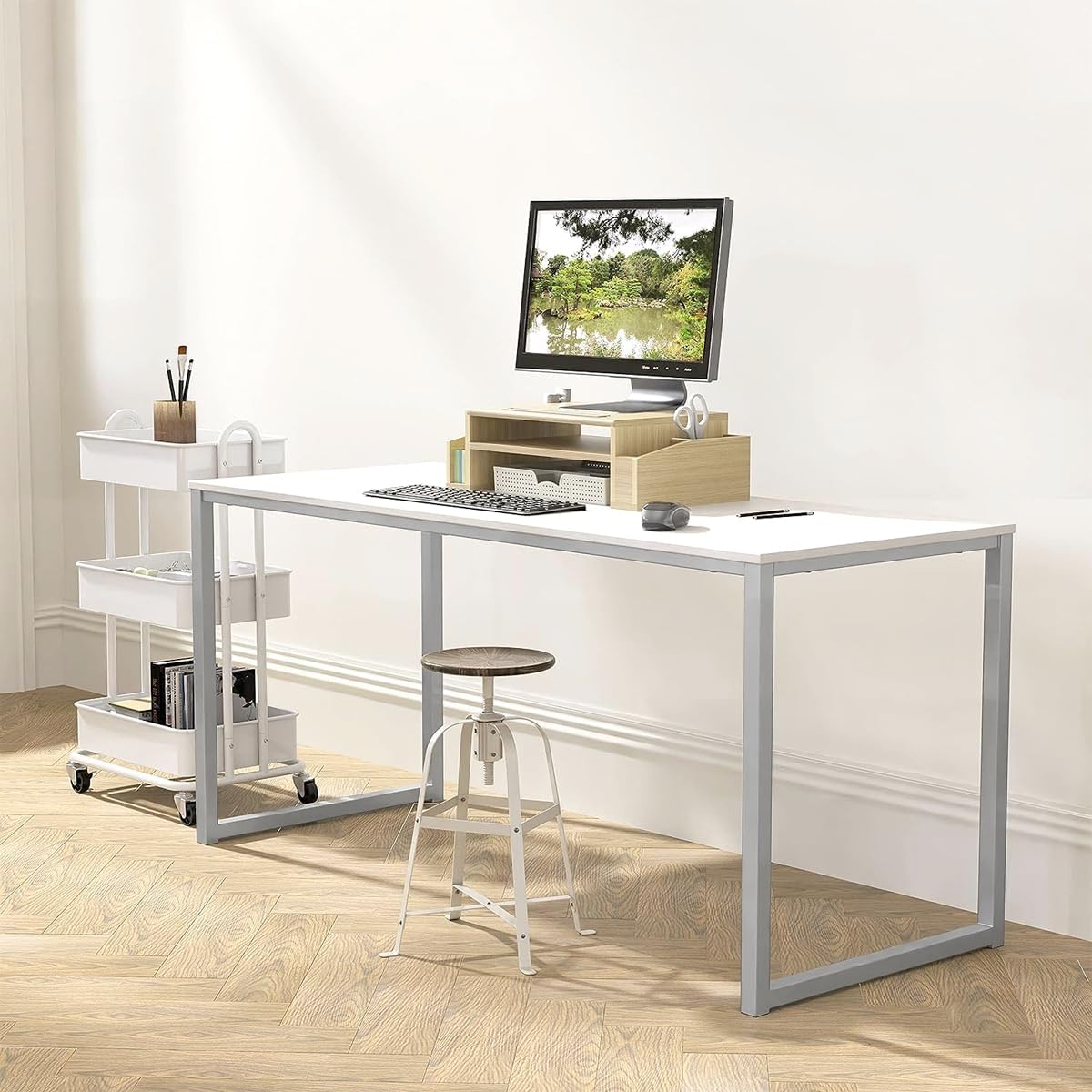 LUTEMA Computer Desk 48 Inches White Home Office Home Computer Desk Steel Frame Powder Coated Cable - AHW Store