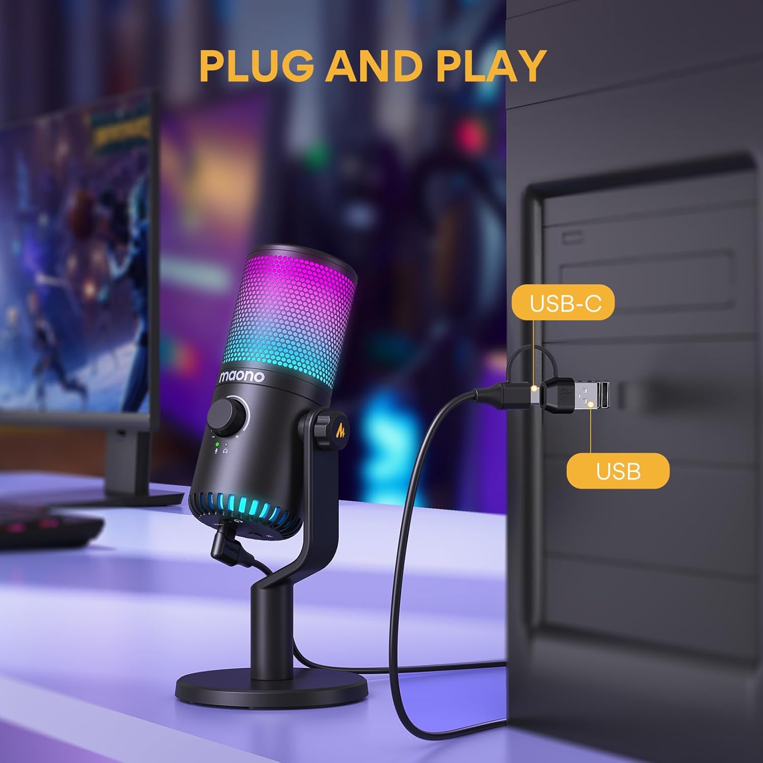 MAONO DM30 RGB Gaming USB Microphone, Programmable PC Condenser Mic with RGB Lights, Quick Mute, Gai - AHW Store