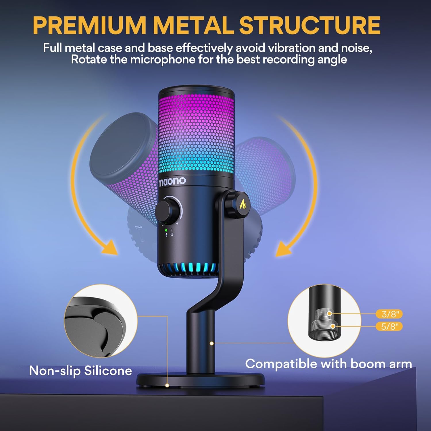 MAONO DM30 RGB Gaming USB Microphone, Programmable PC Condenser Mic with RGB Lights, Quick Mute, Gai - AHW Store
