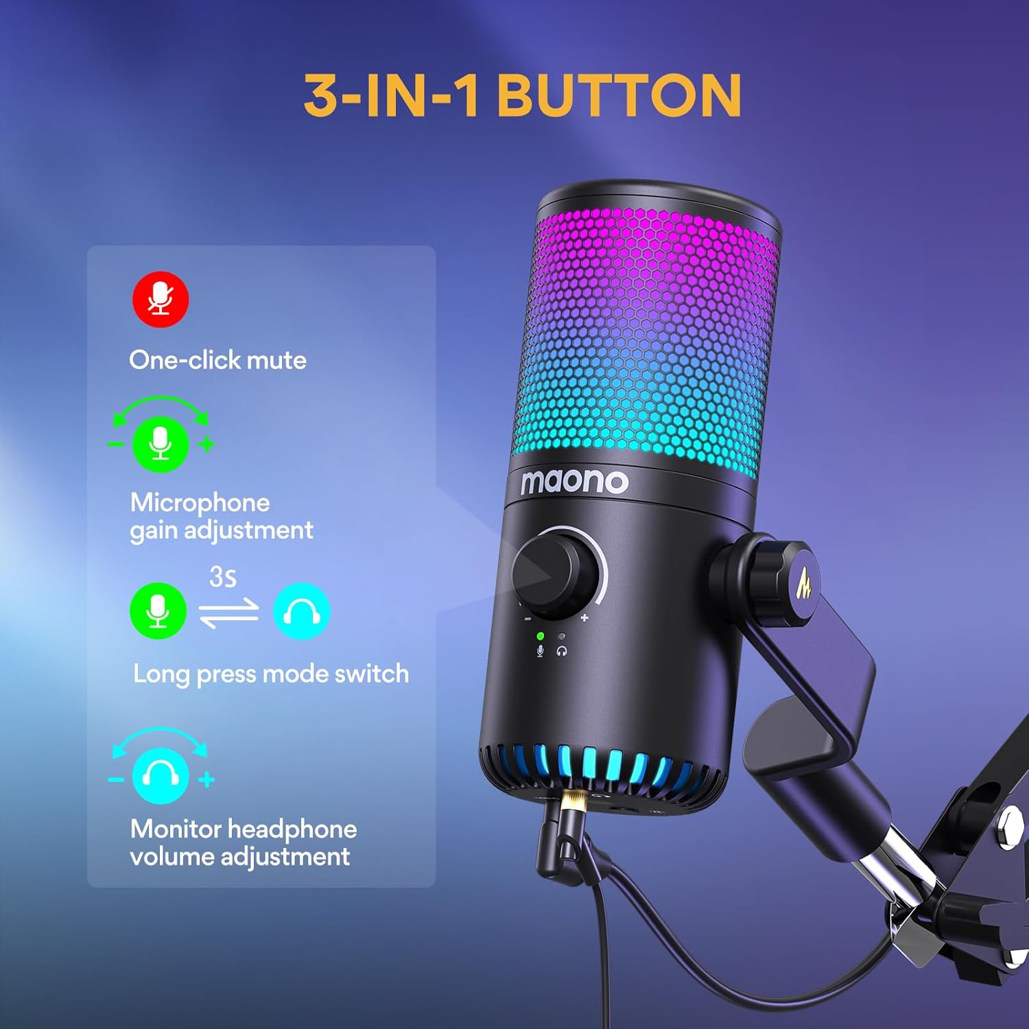 MAONO DM30 RGB Gaming USB Microphone, Programmable PC Condenser Mic with RGB Lights, Quick Mute, Gai - AHW Store