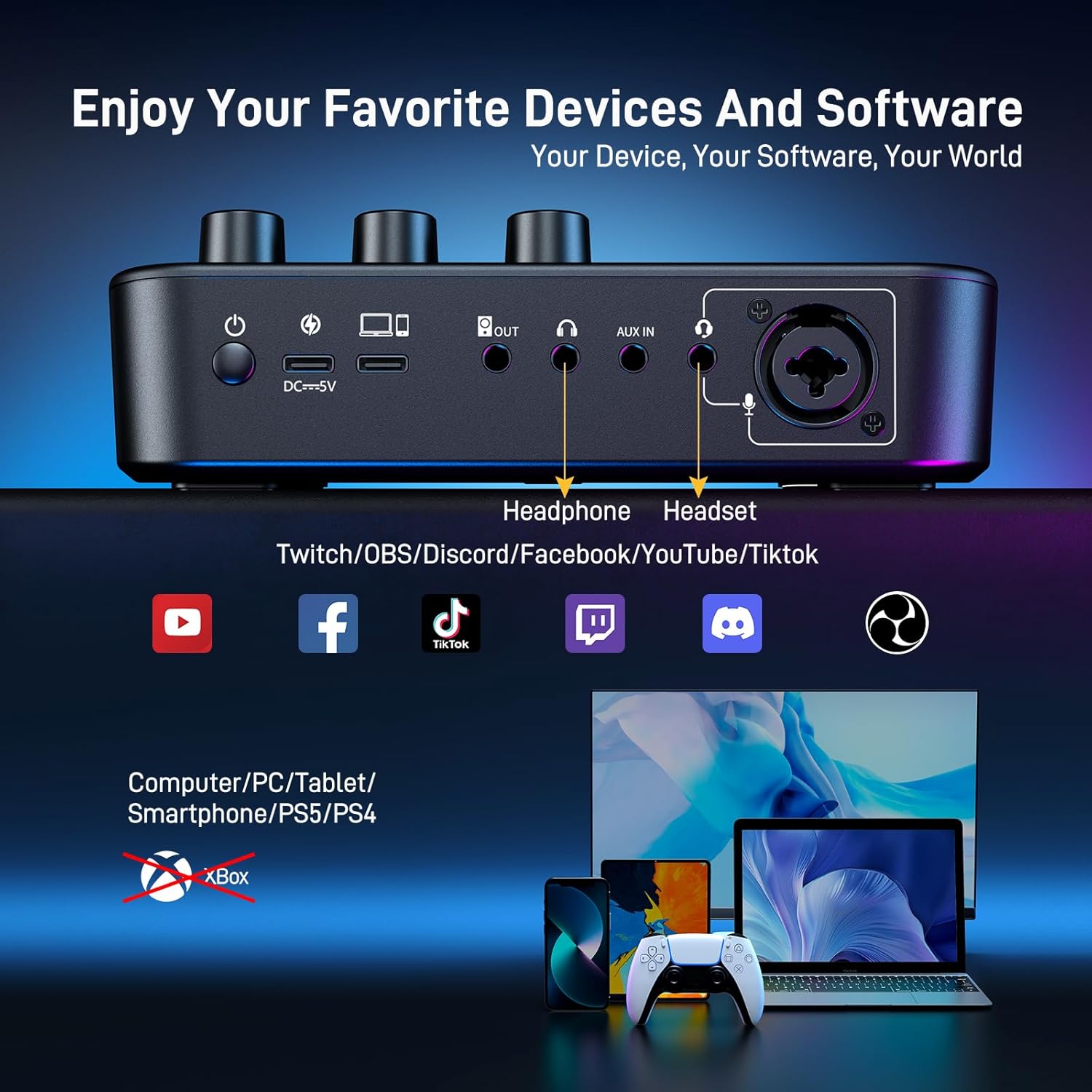 MAONO Gaming Audio Mixer, RGB PC Mixer for Streaming, XLR Interface with 48 V Phantom Power, DIY Sou - AHW Store
