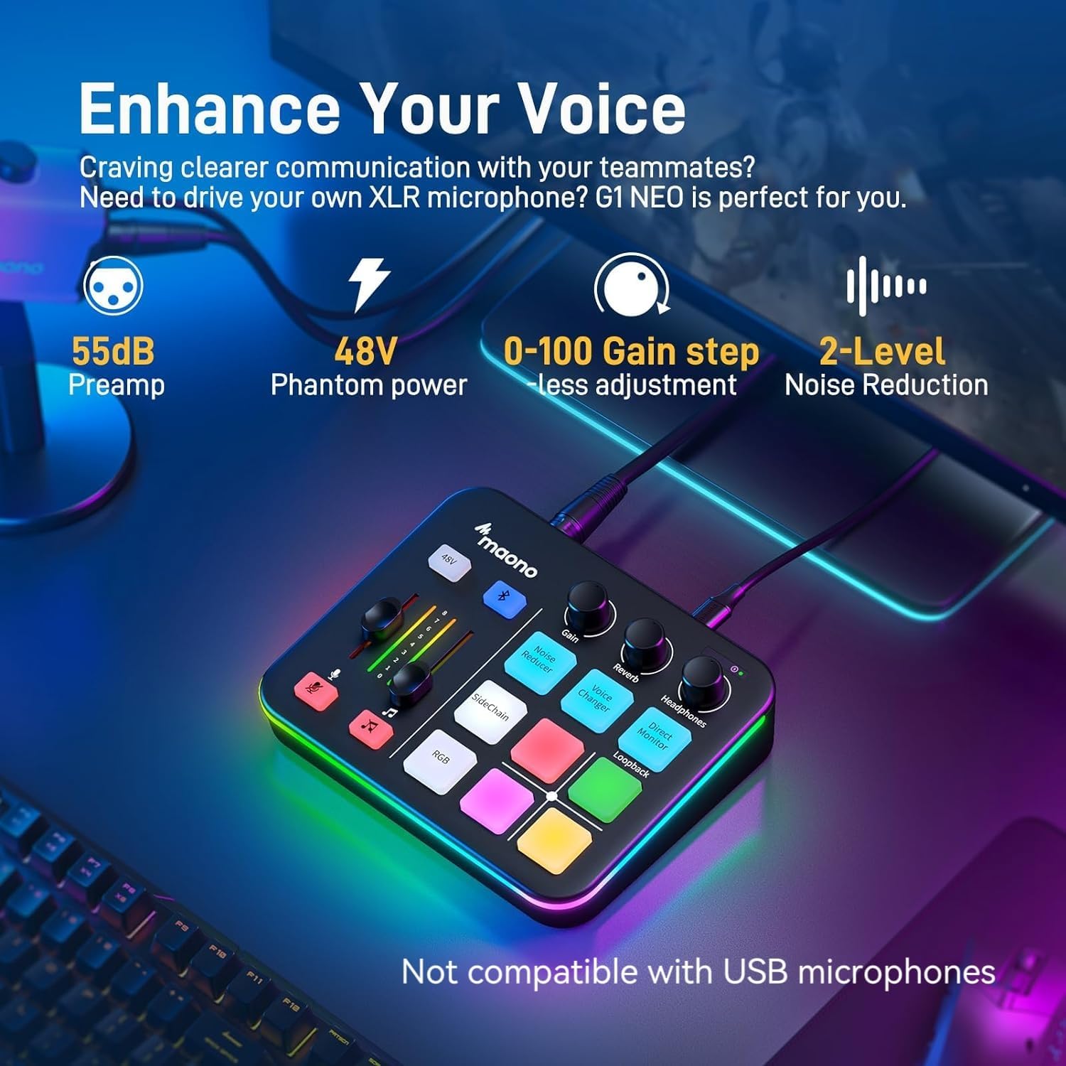 MAONO Gaming Audio Mixer, RGB PC Mixer for Streaming, XLR Interface with 48 V Phantom Power, DIY Sou - AHW Store