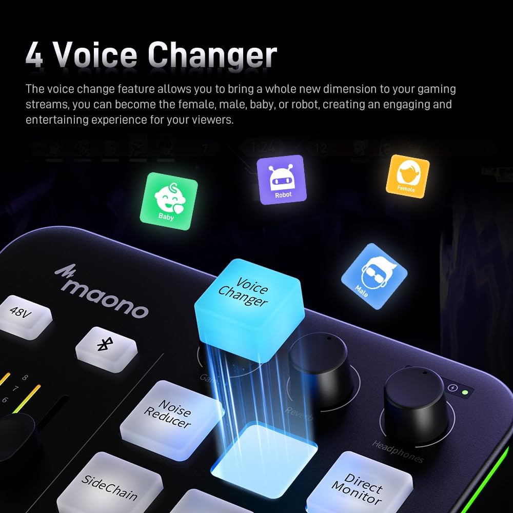 MAONO Gaming Audio Mixer, RGB PC Mixer for Streaming, XLR Interface with 48 V Phantom Power, DIY Sou - AHW Store