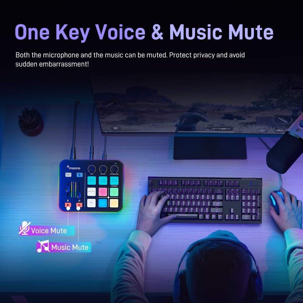 MAONO Gaming Audio Mixer, RGB PC Mixer for Streaming, XLR Interface with 48 V Phantom Power, DIY Sou - AHW Store