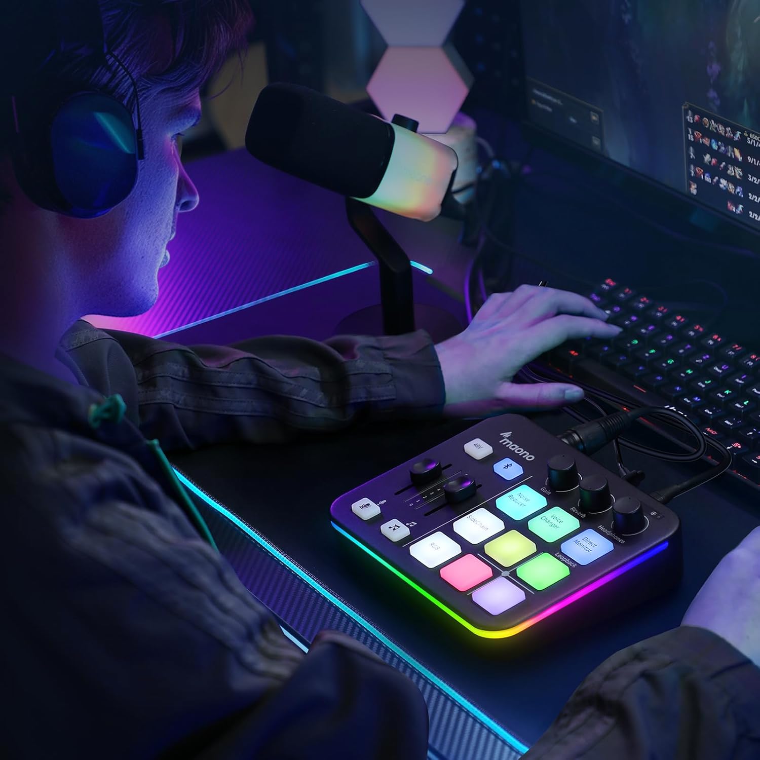 MAONO Gaming Audio Mixer, RGB PC Mixer for Streaming, XLR Interface with 48 V Phantom Power, DIY Sou - AHW Store