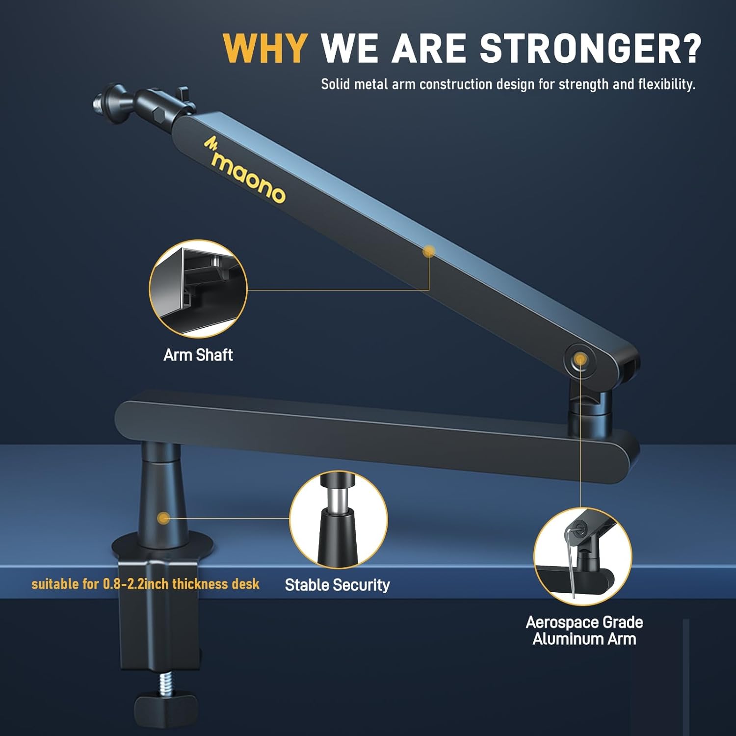 MAONO Low Profile Microphone Arm, Mic Boom Arm with Cable Management Channels, Desk Clamp, Versatile - AHW Store
